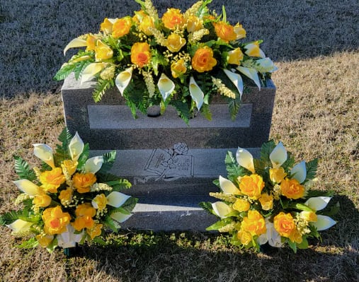3 Piece Silk Yellow Grave Set - 3 piece set includes 1- saddle and 2- cemetary vase arrangements with cala lily's and roses that can come in any color combination available. 