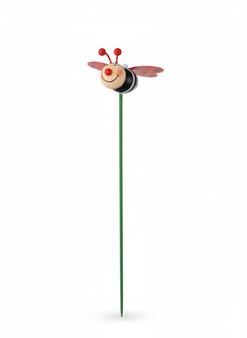 Ladybug garden pick with a smiling face and red wings on a green stake