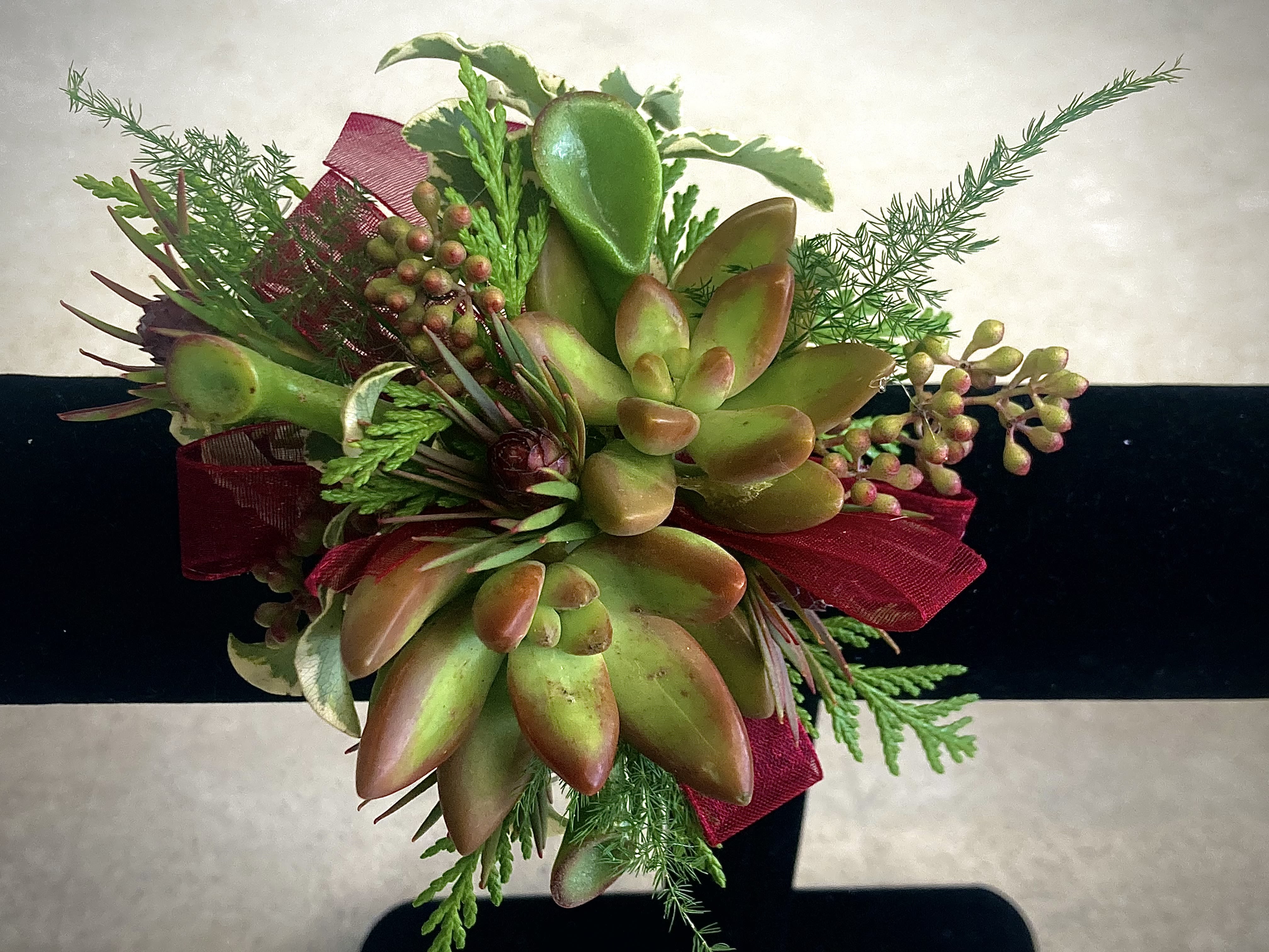 Succulent Wrist Corsage - Succulent wrist corsage with textured greenery and filler.
