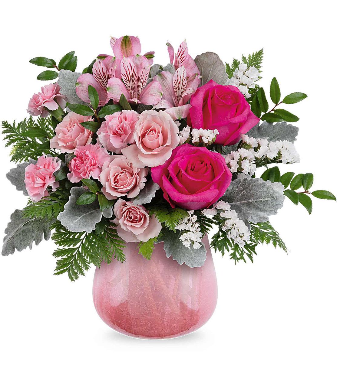 Pink roses and carnations in a pink glass vase