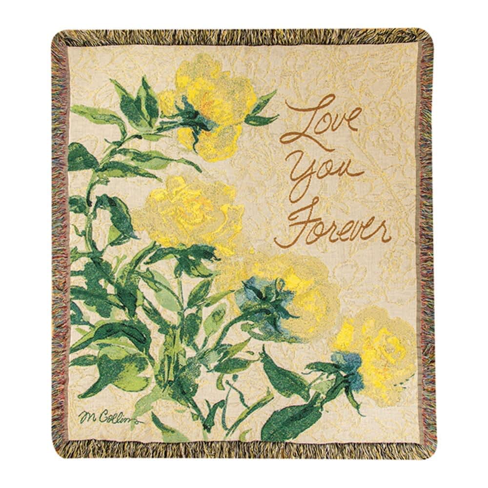 Floral throw blanket with yellow roses and the words "Love You Forever"