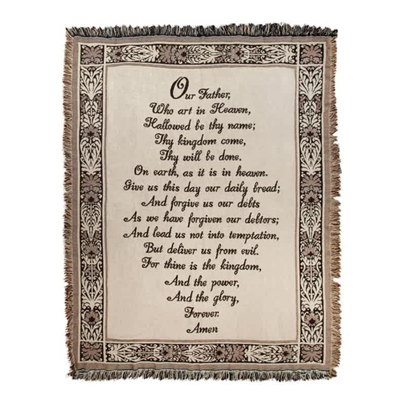 Fringed wall hanging with the Lord's Prayer printed in the center