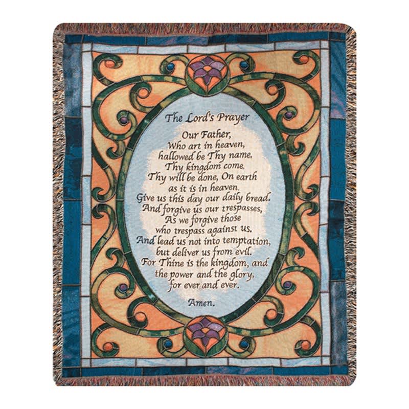 Decorative woven throw blanket with The Lord's Prayer text