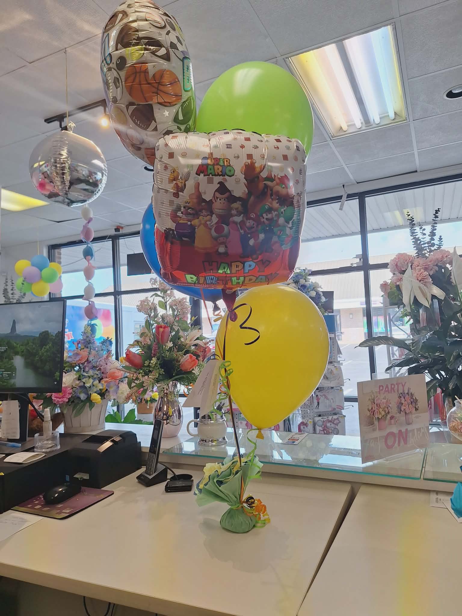$35.99 Balloon Bouquet - Bouquet comes with 2- 18in Mylars (For your occasion) 3- latex balloons (treated so they last longer) tied to a festive weight.