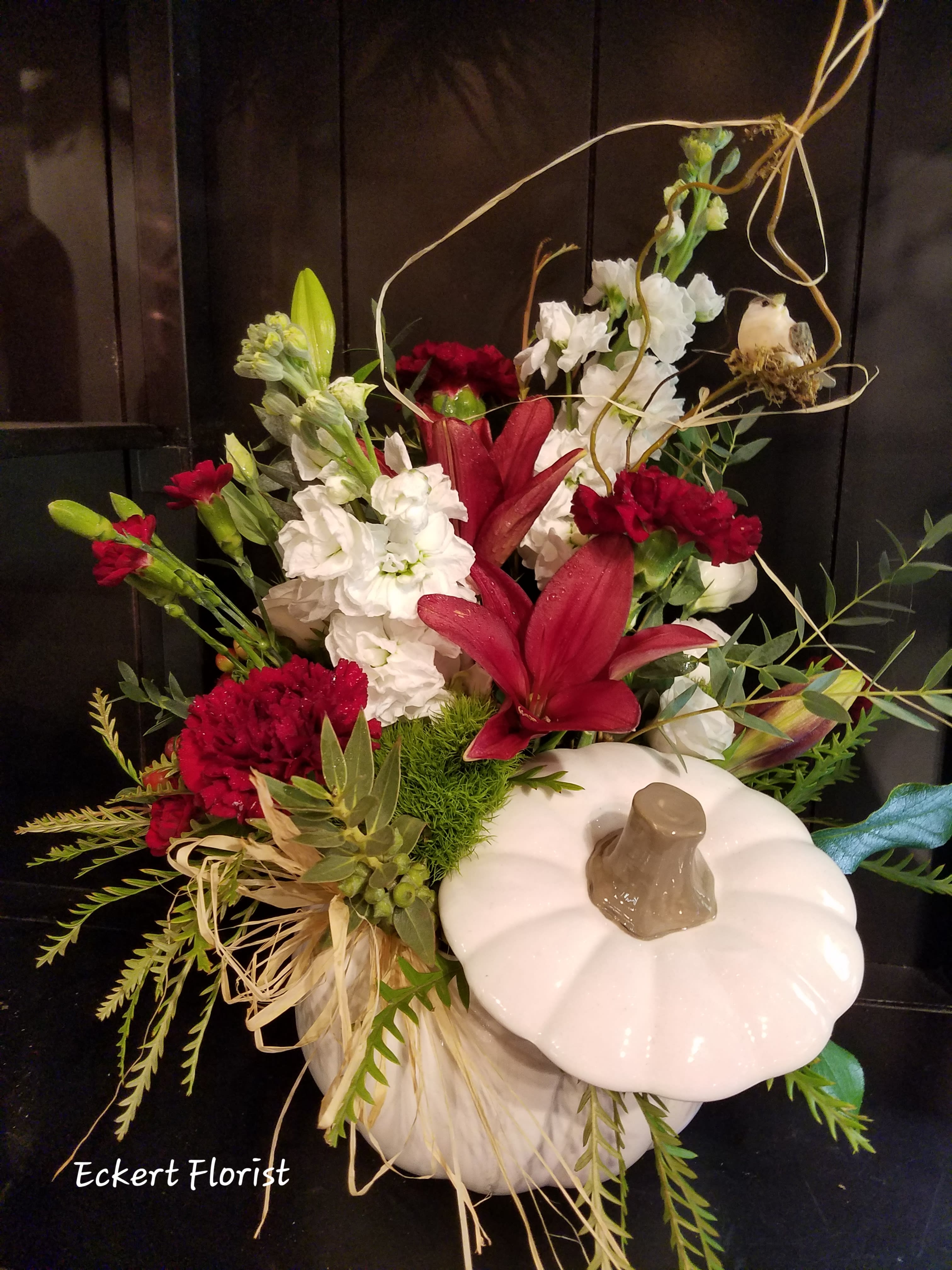Eckert Florist's White Ceramic Pumpkin *LOCAL DELIVERY ONLY - White ceramic pumpkin with fresh burgundy and white flowers, How Elegant! *Flowers may vary