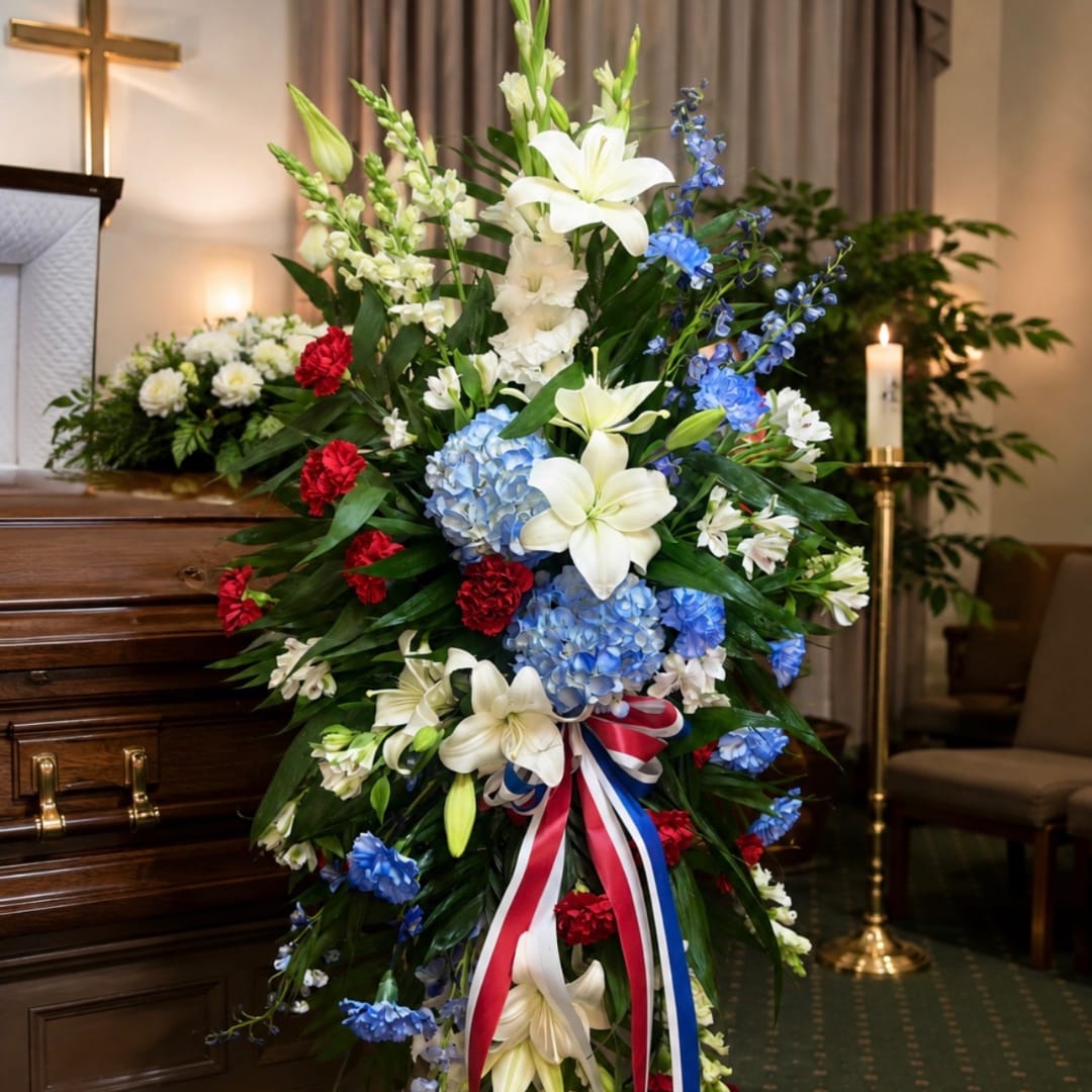 Standing funeral spray with white lilies, blue hydrangeas, and red carnations