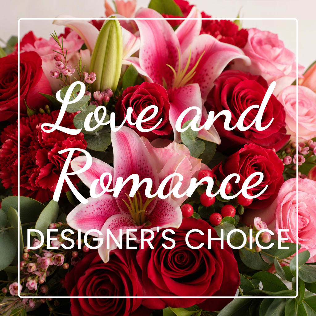 Red roses and pink lilies arranged with greenery and text overlay