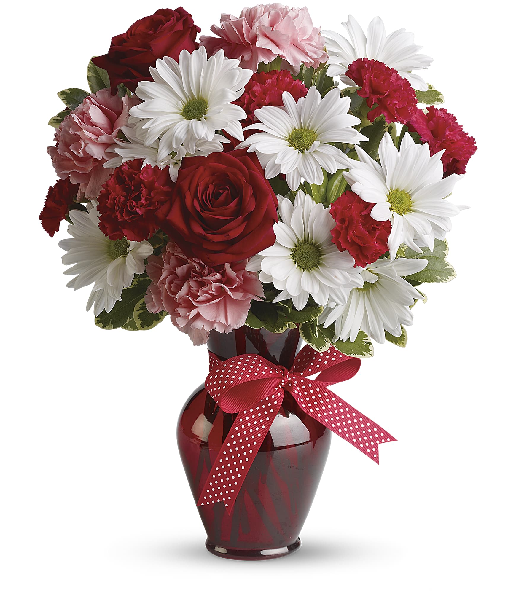 Red and white bouquet in a red vase with a polka-dot ribbon
