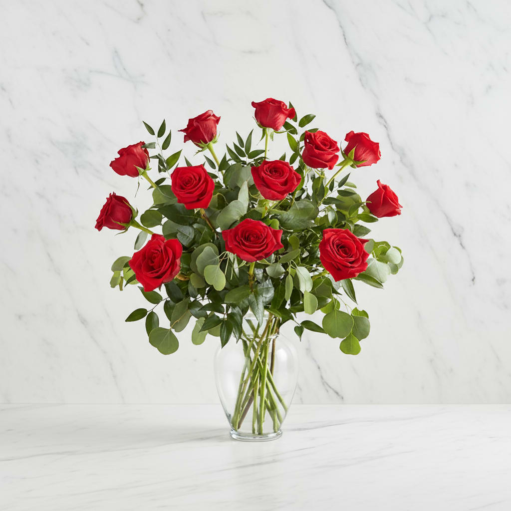 Red roses arranged in a clear glass vase