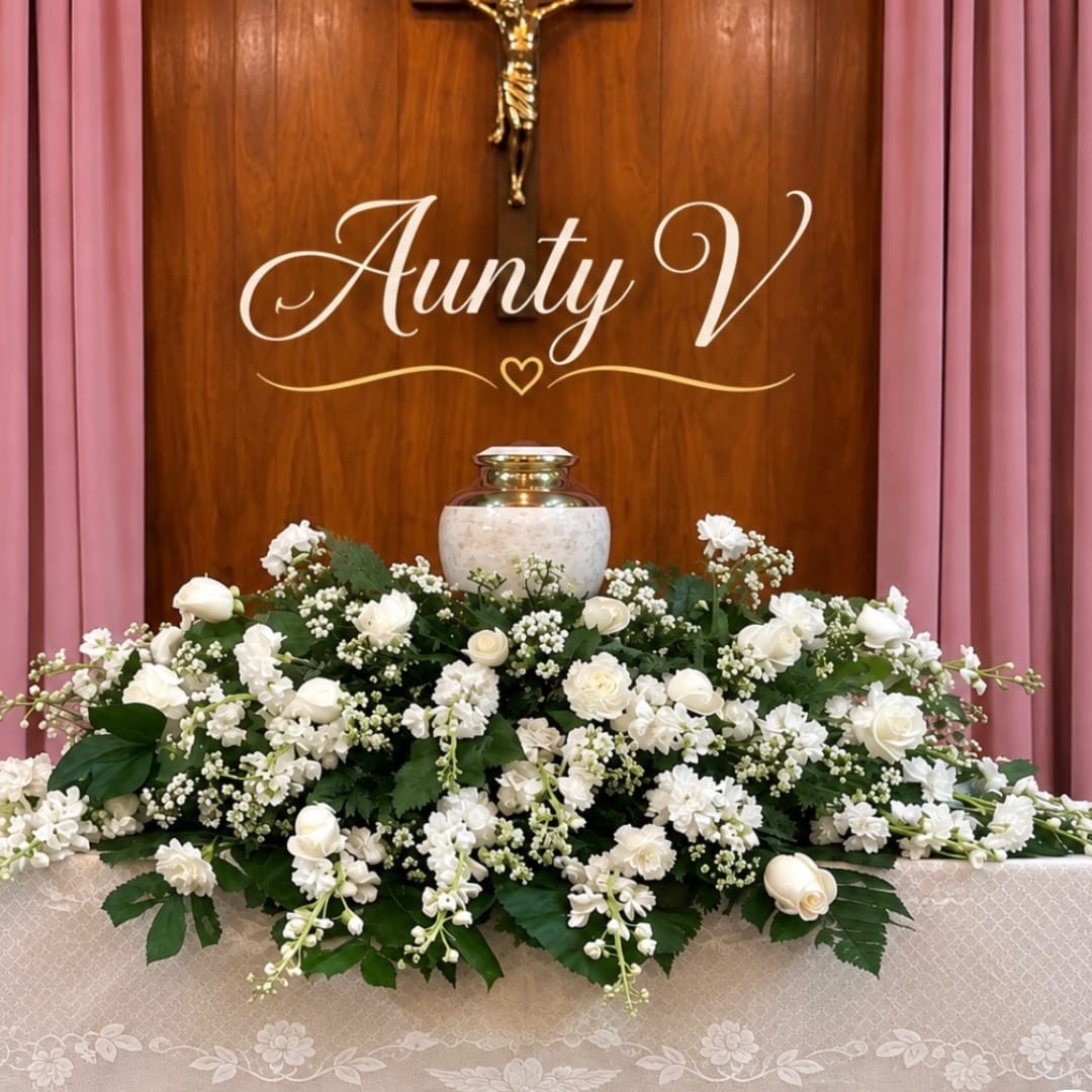 White floral arrangement with roses and small white blooms around an urn