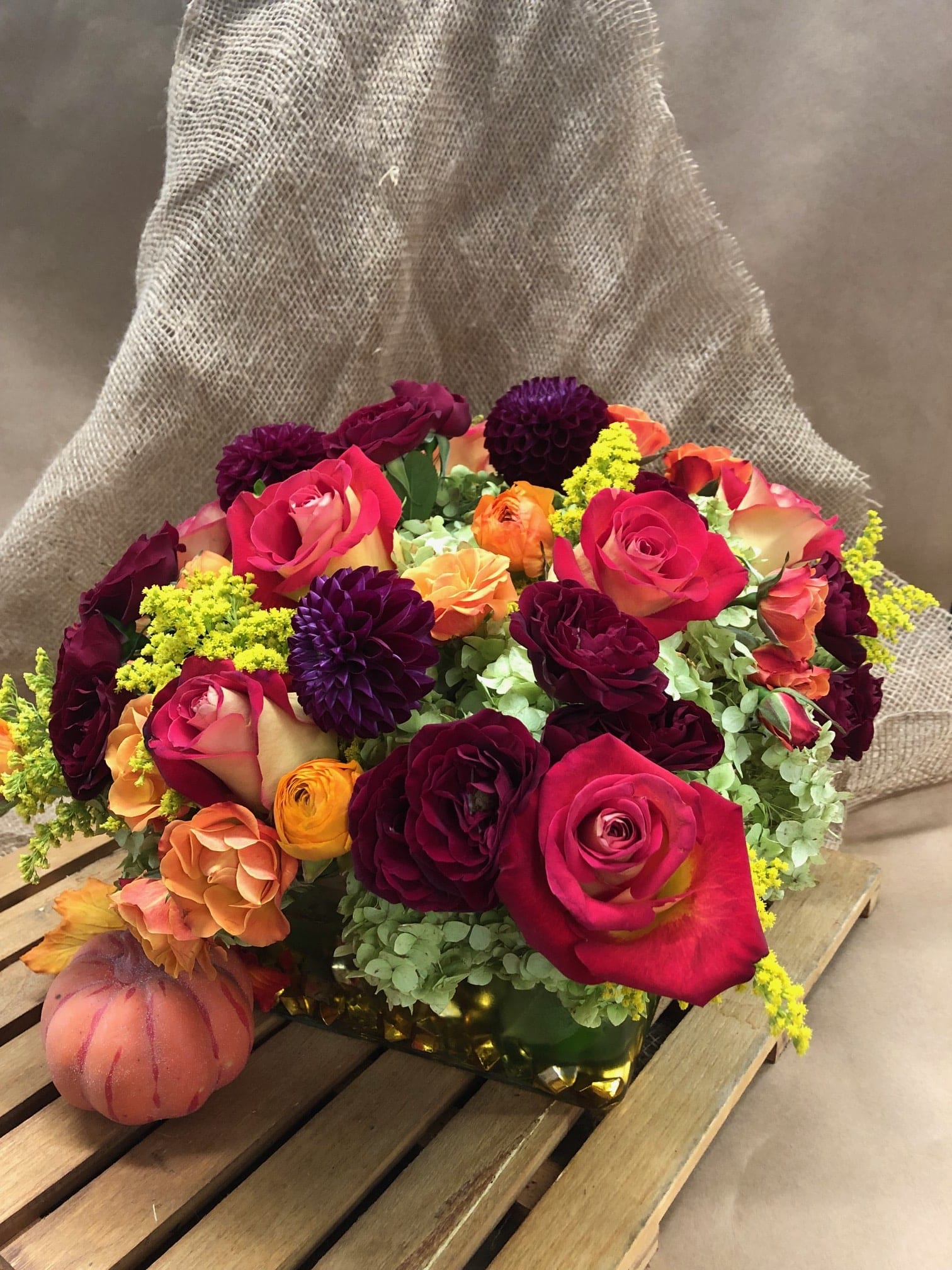Autumn Splendor - This fabulous vase of flowers in loaded with fall colors. Such a stunning assortment of high end flowers including hydrangea, roses, dahlias &amp; many more. 