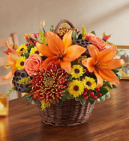 Fall Basket  - What better way to ring in the fall but with this adorable country basket filled with fall flowers. Like you just picked them from the garden. 