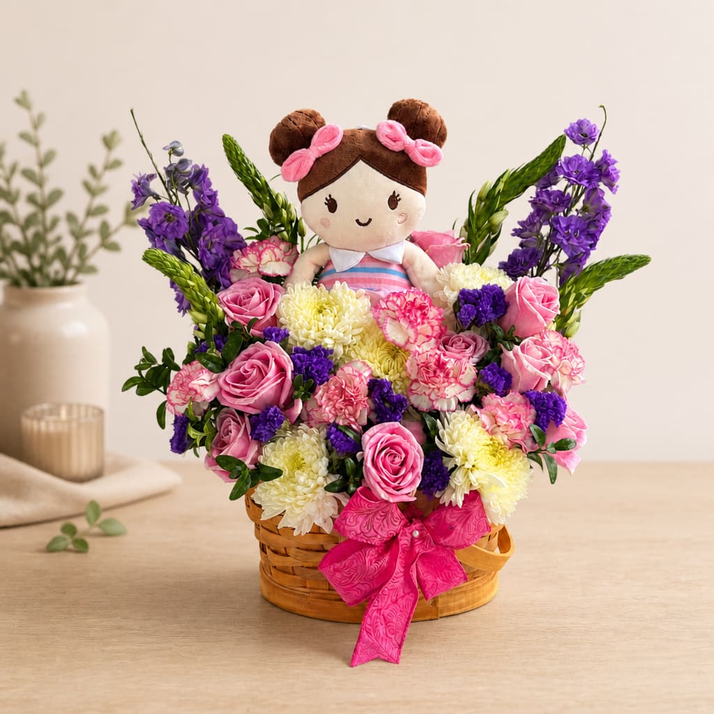 Basket arrangement with a doll surrounded by pink, purple, and white flowers