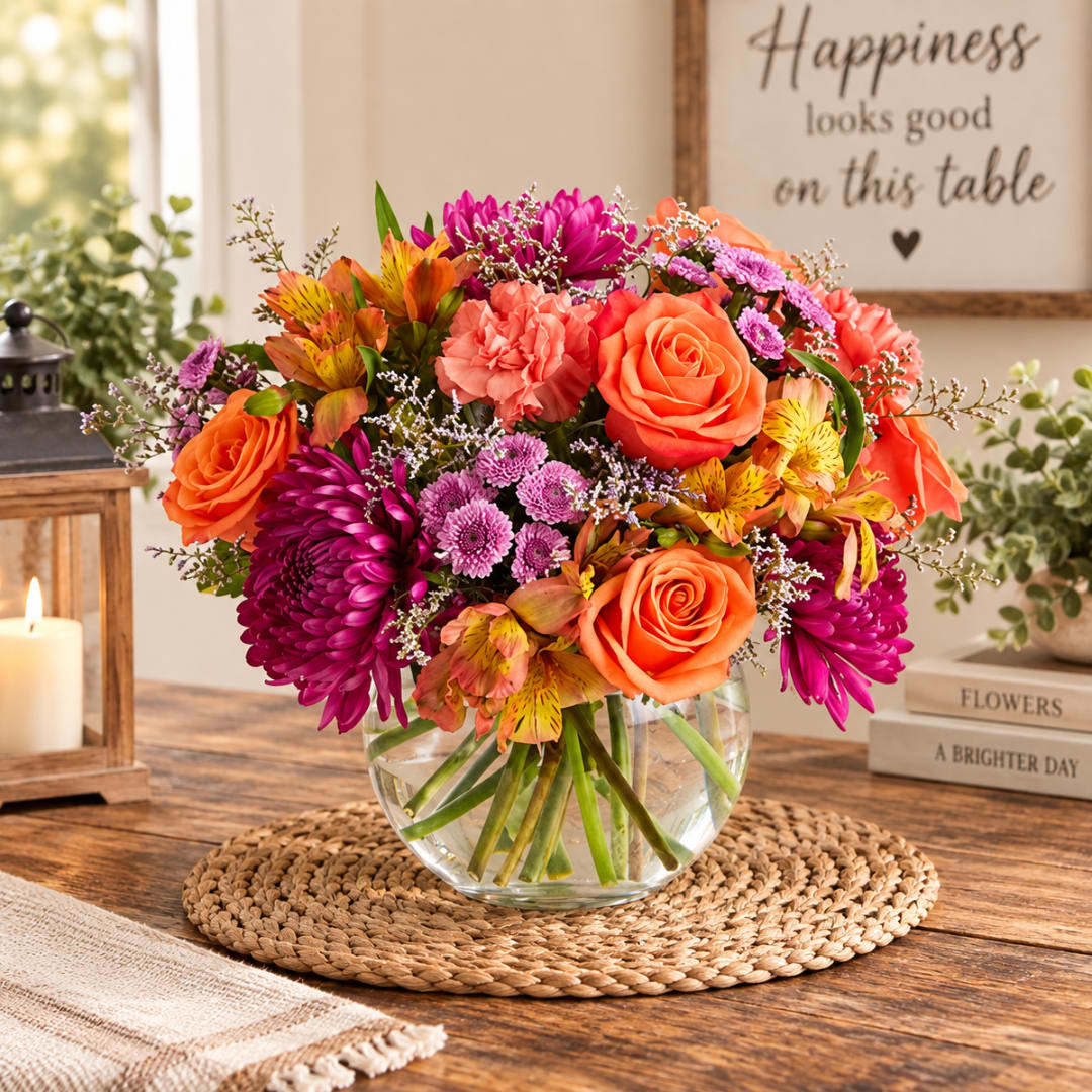 Bright mixed bouquet of orange and magenta flowers in a glass vase