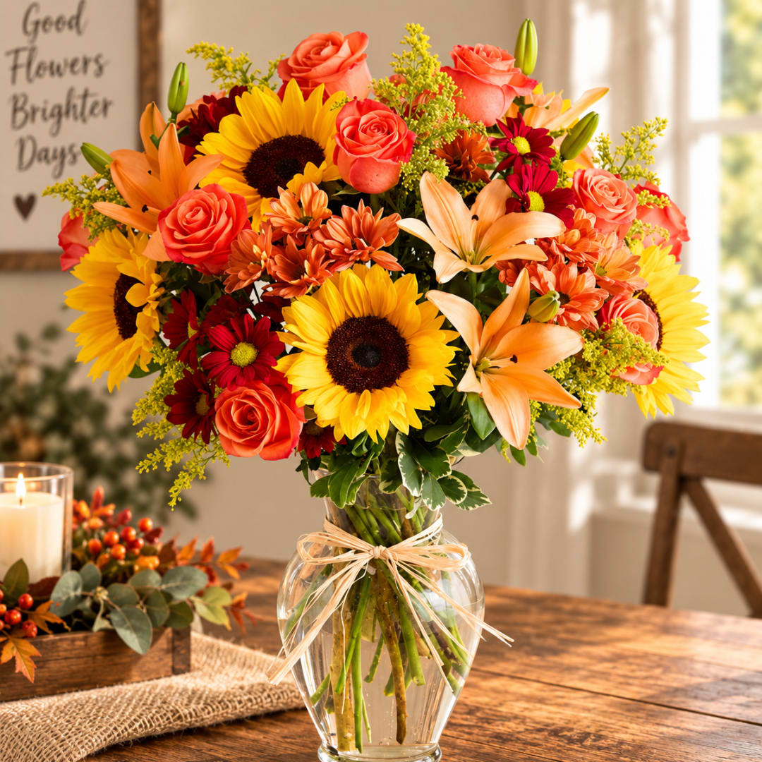 Bright mixed bouquet with sunflowers, roses, lilies, and daisies in a glass vase