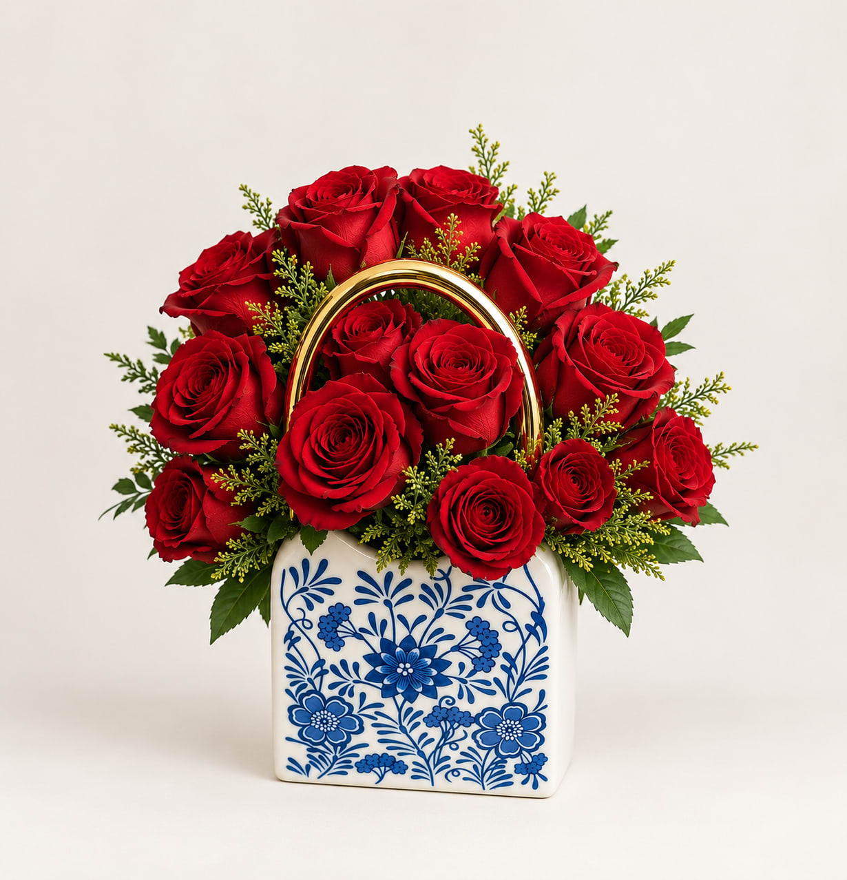 Red roses arranged in a blue-and-white ceramic handbag vase