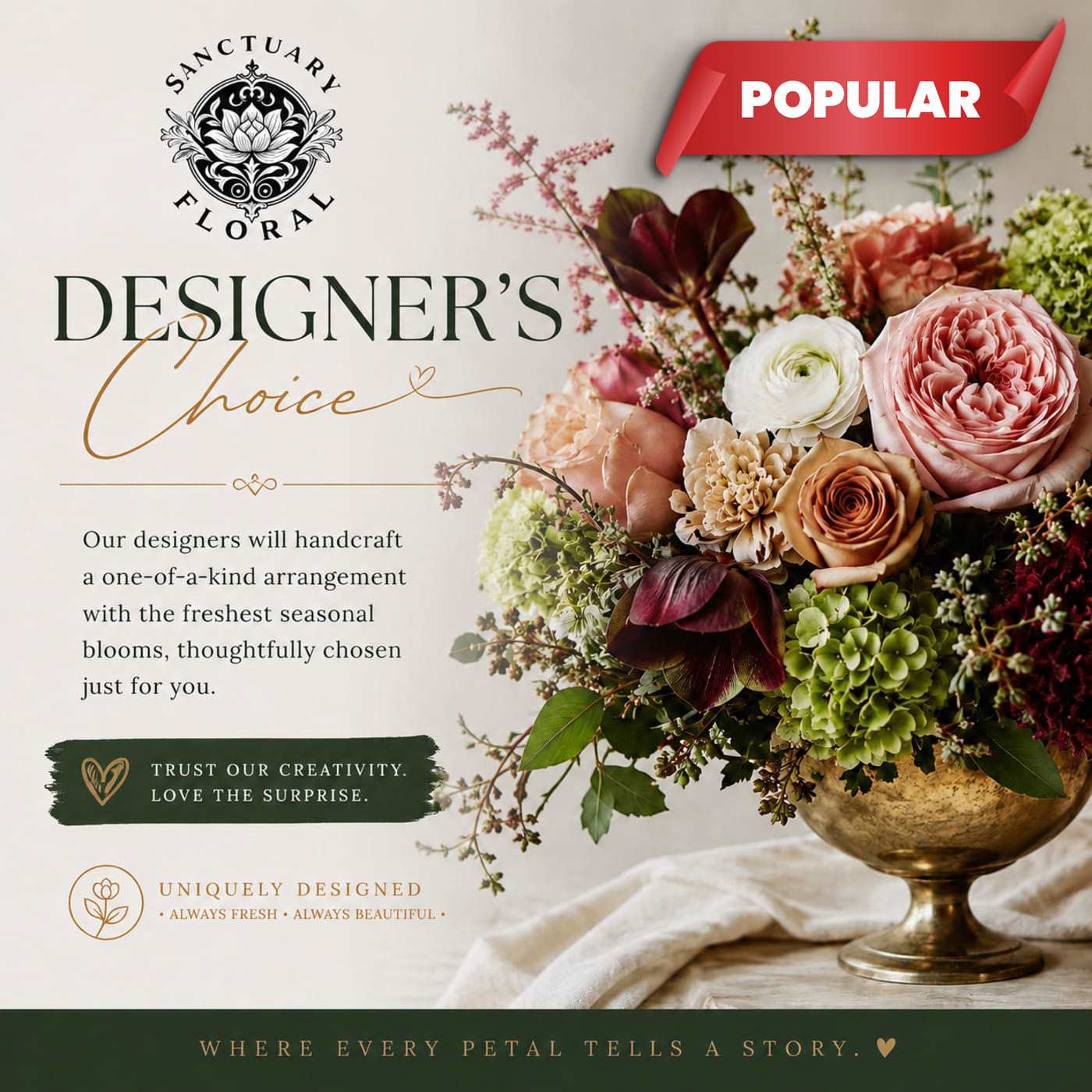 Mixed floral arrangement in a gold pedestal vase with pink and white blooms