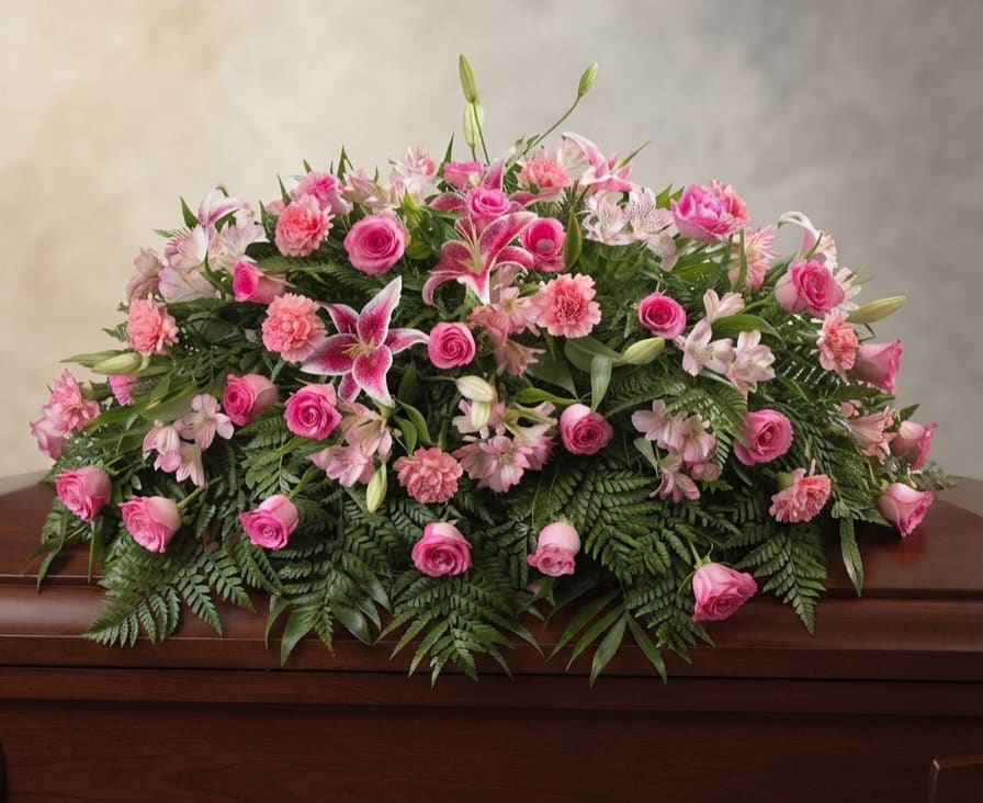 Pink floral casket spray with roses, lilies, and carnations