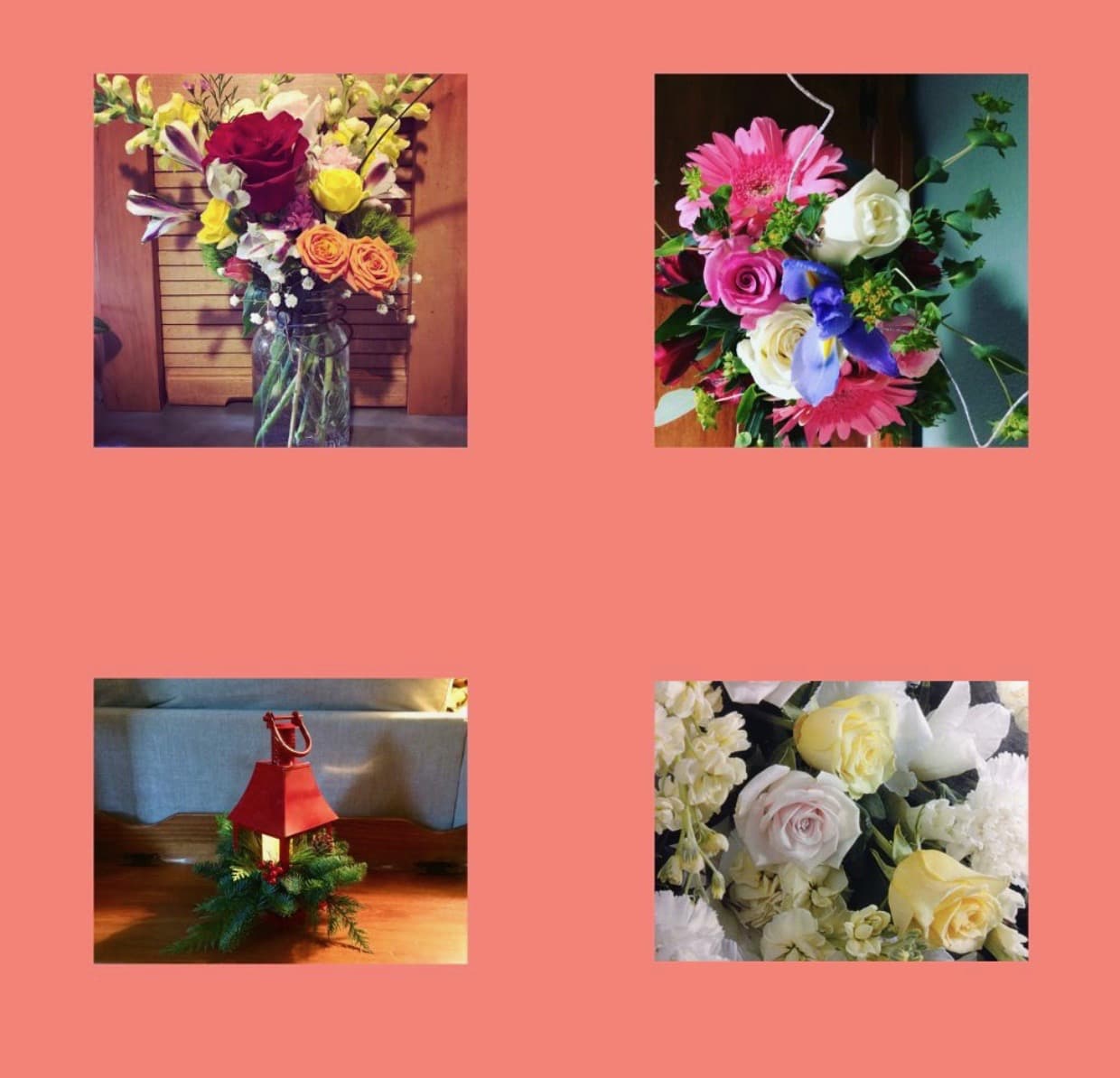 Four floral arrangements and a red lantern centerpiece on a pink background
