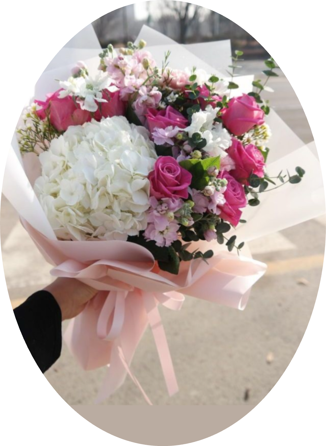 MONACO HIDRANGEAS WHITE WITH ROSES - A striking cluster of white hydrangea meets bright pink roses in this romantic bouquet-perfect as a birthday bouquet, anniversary roses gift, or a just-because arrangement for someone you adore. The first impression is the voluminous hydrangea bloom surrounded by vivid pink roses and pale pink filler flowers; she'll feel noticed and cherished the moment it arrives.  Soft eucalyptus-like greenery and airy filler lend movement and texture, while the palette of pink, white, and green reads fresh and feminine. Wrapped in translucent white or soft blush paper and finished with a matching pink ribbon, the bouquet is styled for presentation-hand-tied and ready to display in her favorite vase. Care: trim stems, place in fresh water, and keep away from direct heat to extend the life of the flowers.