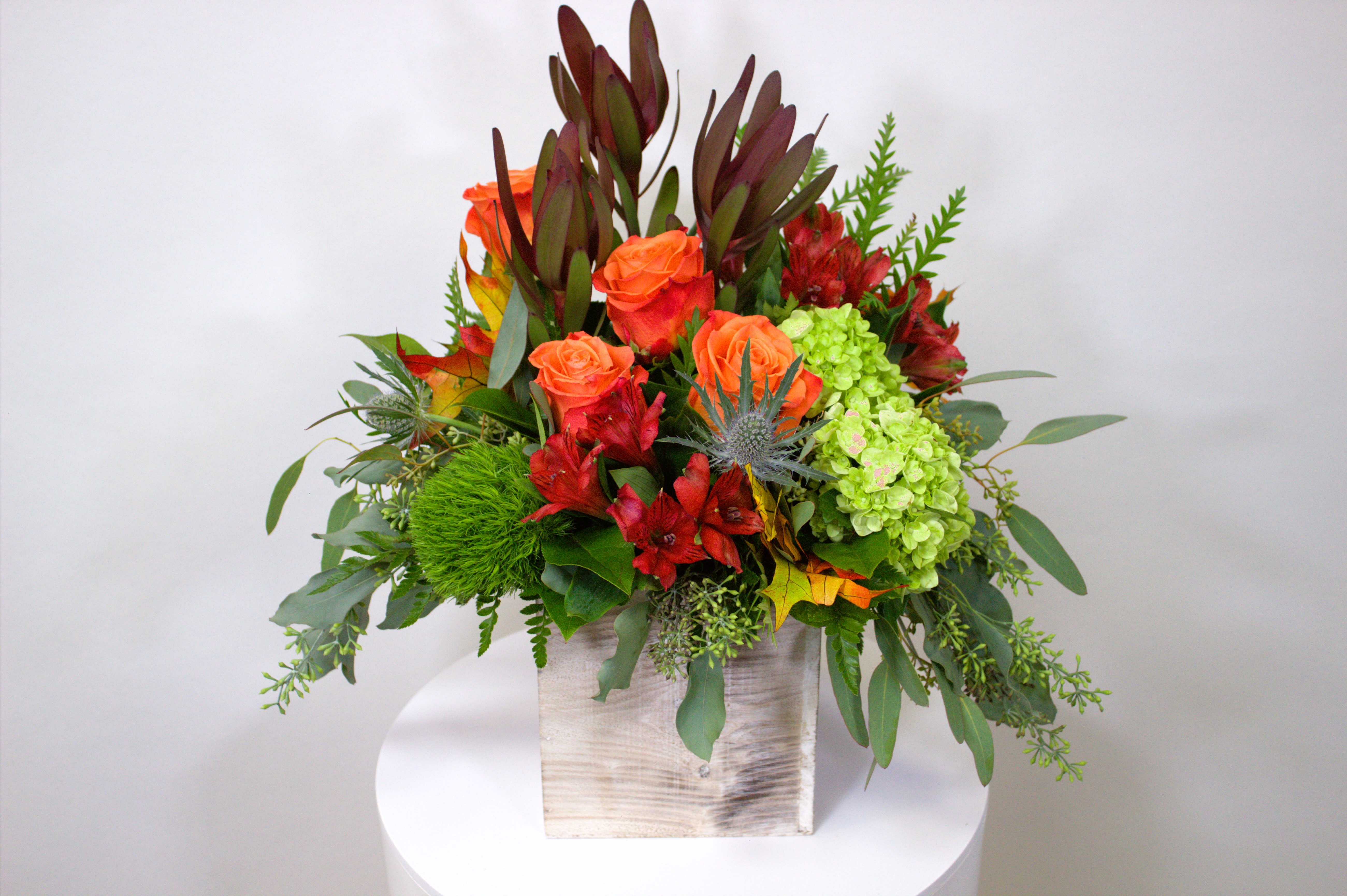 Autumn Sunset - Modern Fall Arrangement in a White Square Wooden Box.