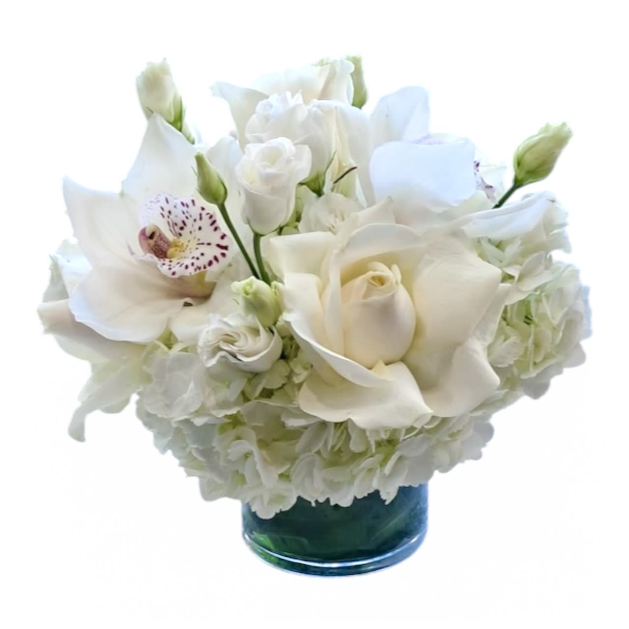 White floral bouquet in a blue glass vase