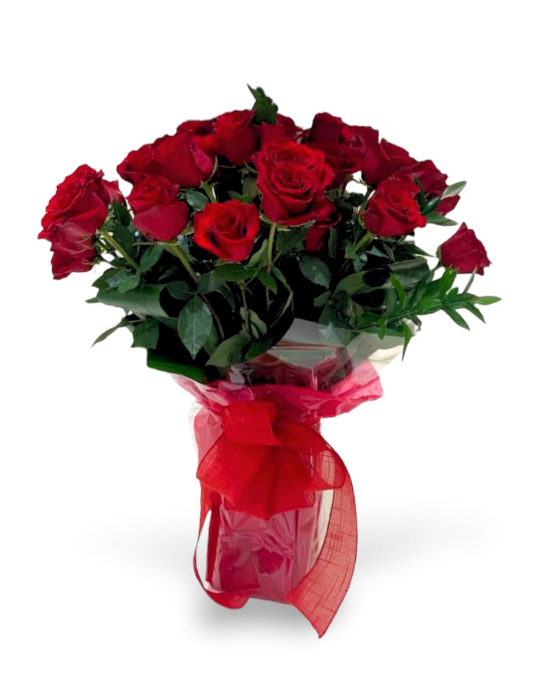 Bouquet of red roses wrapped with a red ribbon
