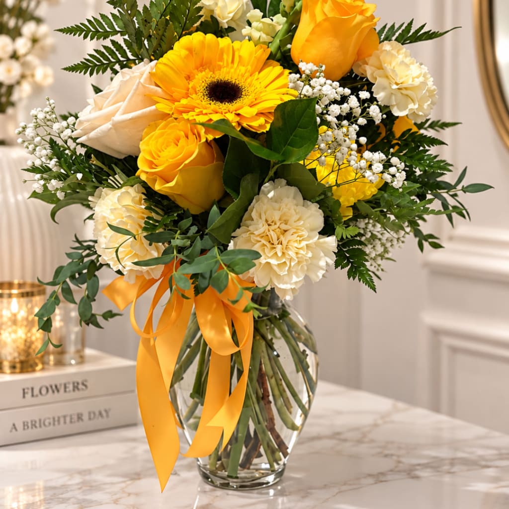 Yellow and white bouquet in a clear glass vase with an orange ribbon