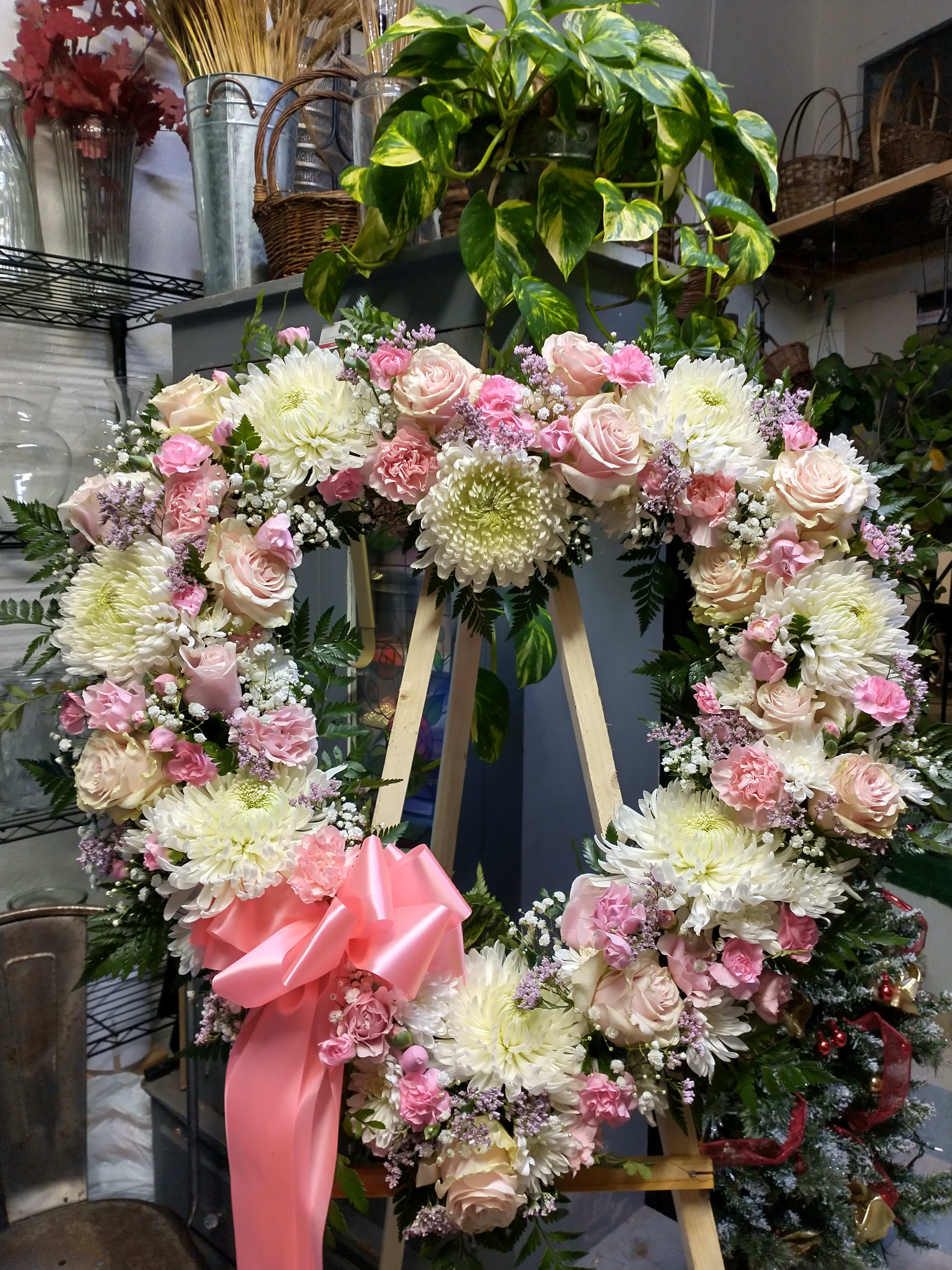 Open heart next day delivery  - Beautiful 24" open heart in pink and white. With roses, china mum's, and more. Please call and tell us if a different color is wanted. Like all white or blue and white, or Lavender etc.