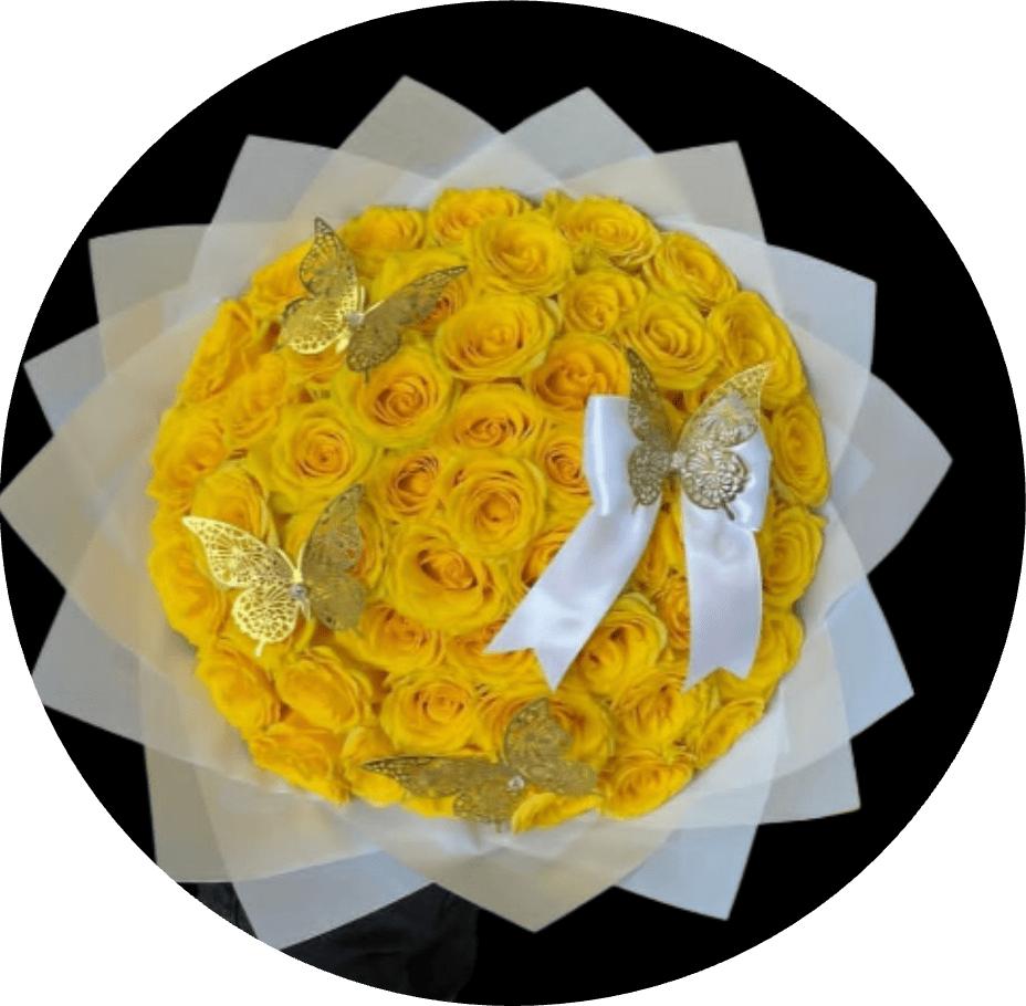Yolanda YELLOW ROSES - A dazzling dome of sunlit yellow roses makes a cheerful statement for a birthday bouquet, congratulations arrangement, or a just-because gift that brightens someone's day. The dense, round cluster of yellow roses reads as joyful and celebratory-she'll feel noticed and uplifted the moment the ribbon is untied.  Wrapped in layered translucent white paper and tied with white satin ribbon, this arrangement is polished and gift-ready; delicate metallic butterfly picks flutter across the blooms for an extra decorative touch. The compact, tightly packed dome keeps the roses looking full and abundant while the pale wrapping softens the vivid yellow for a balanced, elegant presentation.  Perfect for the person who deserves a sunny surprise-new parent, graduate, coworker, or longtime friend-this bouquet sends a message of warmth and celebration. Choose sizing at checkout to match the occasion; keep the roses fresh by changing the water daily and trimming stems slightly if you transfer them to a vase.