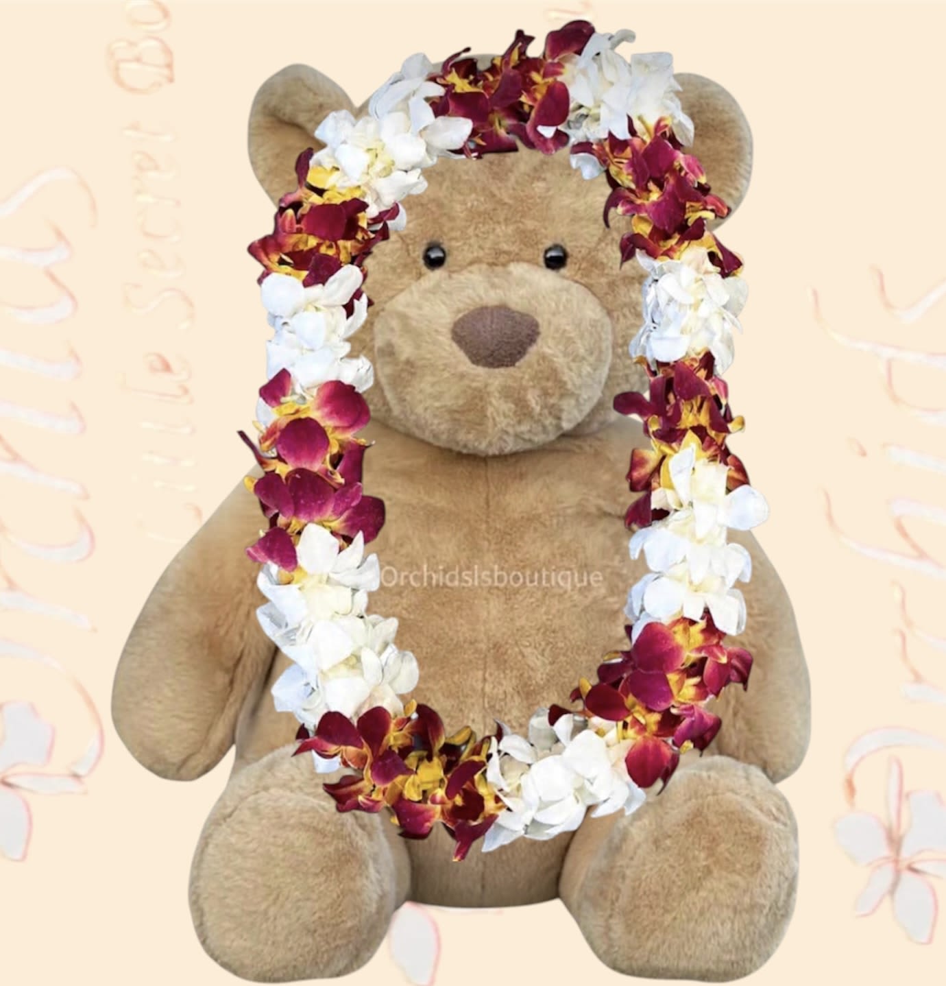 Red &amp; White Double-Sided Orchid Graduation Lei | Orange County AVAILABLE NOW  - PLUSH BEAR not included !  PLACE YOUR ORDER 3 DAYS IN ADVANCE  Celebrate your graduate's achievement with our handcrafted Red &amp; White Double-Sided Orchid Lei. Created with fresh, premium orchids for a full, luxurious presentation, this stunning piece is the perfect keepsake for commencement ceremonies, senior celebrations, and academic milestones.  A beautiful choice for graduates from Troy High School, Fullerton Union High School, Esperanza High School, Mater Dei High School, colleges, universities, nursing programs, and trade schools throughout Orange County. Order now to secure yours for graduation week—limited availability. In-store pickup is available.
