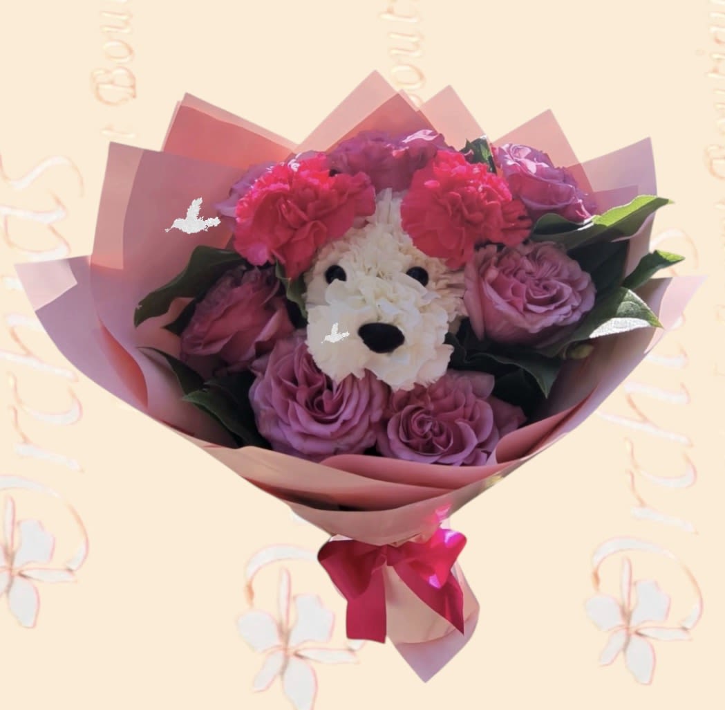 Precious Dog &amp;  Pink Rose Hand Wrapped  Bouquet - The Precious Dog &amp; Pink Roses  Hand Wrapped  Bouquet by OLSB is a blushing display of loving kindness! pink roses are sweetly stunning amongst pink and white dog blooms. Perfect for birthday, thank you, Congratulations, Just Because, or for any special occasion. Wrapped in gift wrap or Parchment Paper and dressed with ribbon