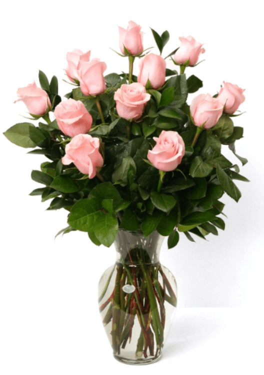 PINK DELUXE RAMO - A full cluster of pale pink roses creates a soft, romantic statement-perfect as a birthday bouquet, anniversary roses gift, or a thoughtful arrangement to say "I'm thinking of you." The upright, abundant shape and gentle pastel palette make this pink rose arrangement ideal for celebrating affection or marking a special moment for the person you're sending it to.  The roses are gathered tightly with glossy dark green foliage in a clear glass vase so stems show through the water for a clean, classic presentation. Soft pink and white-toned petals form layered, rounded blooms that read lush and substantial without fuss-an everyday-deluxe look that feels both traditional and elegant.
