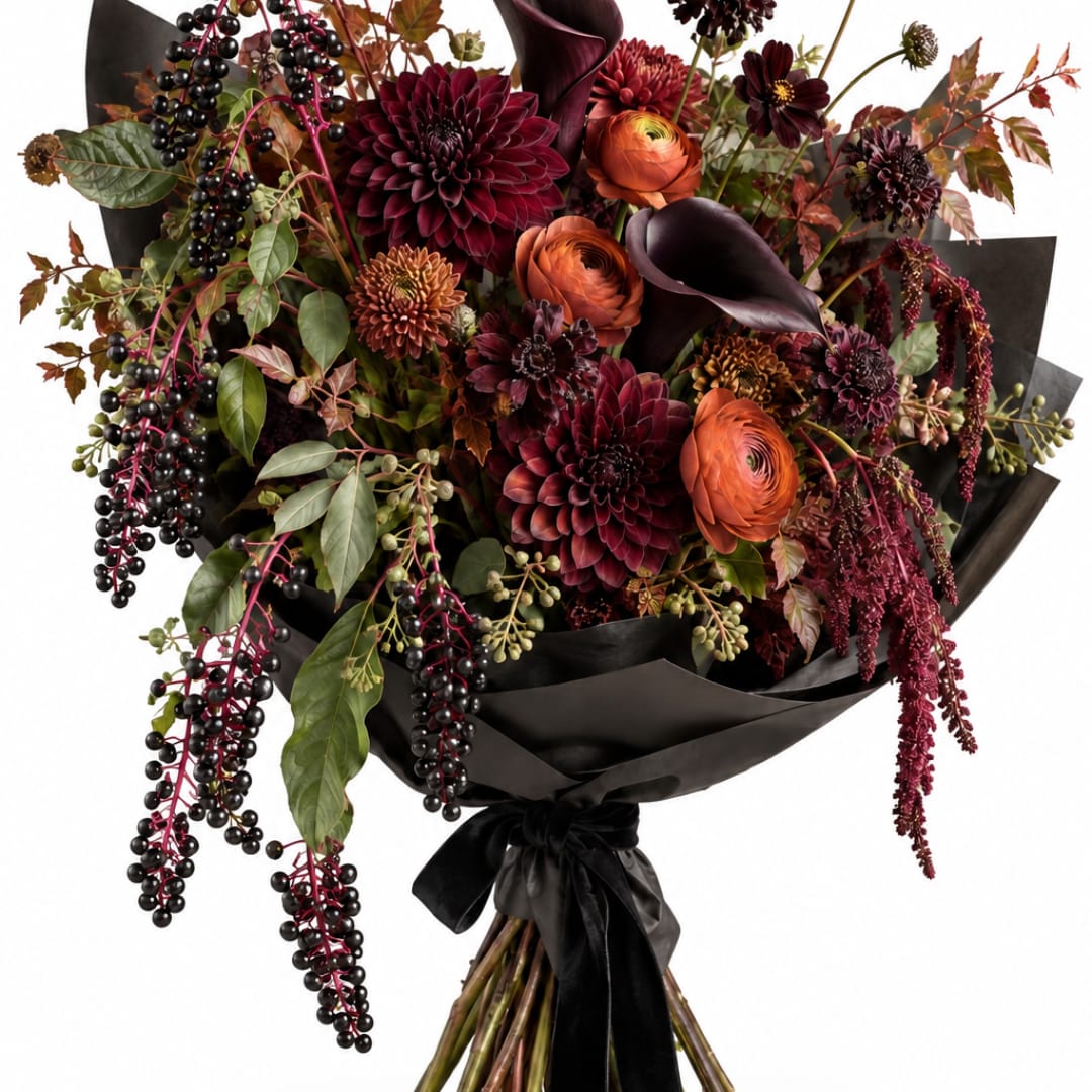Bouquet of dark burgundy and orange flowers wrapped in black paper