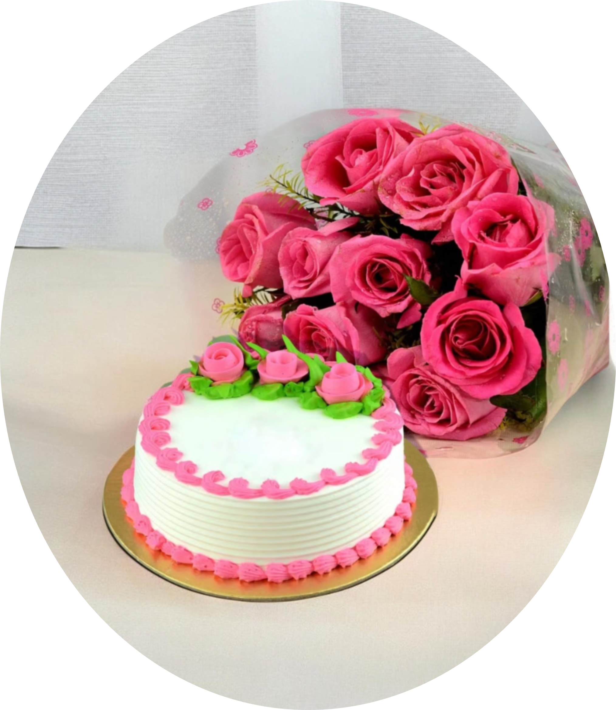 Princess Combo Cake ROSES - Bright pink roses clustered in a clear floral wrap meet a petite white frosted cake for a celebratory, romantic gift perfect as a birthday bouquet or anniversary surprise. The pairing reads like a love note in flowers and sweets-the vivid pink blooms and pink-piped cake borders sync to make the recipient feel adored and celebrated.  The arrangement features tightly clustered bright pink roses accented by hints of green foliage, wrapped in clear plastic with small floral prints to keep the bouquet sleek and gift-ready. The small round cake sits on a gold cake board and is frosted white with piped pink borders and tiny rose-shaped icing decorations that echo the floral tones. Both pieces arrive together in clear plastic bouquet wrap for a coordinated presentation.  Send this to someone you want to make feel truly seen-perfect for marking birthdays, anniversaries, or any romantic occasion where you want an immediate smile. Size and contents are as shown: a bouquet of bright pink roses paired with a small round white-and-pink frosted cake on a gold board; simple care-keep the roses in water and the cake refrigerated until serving.