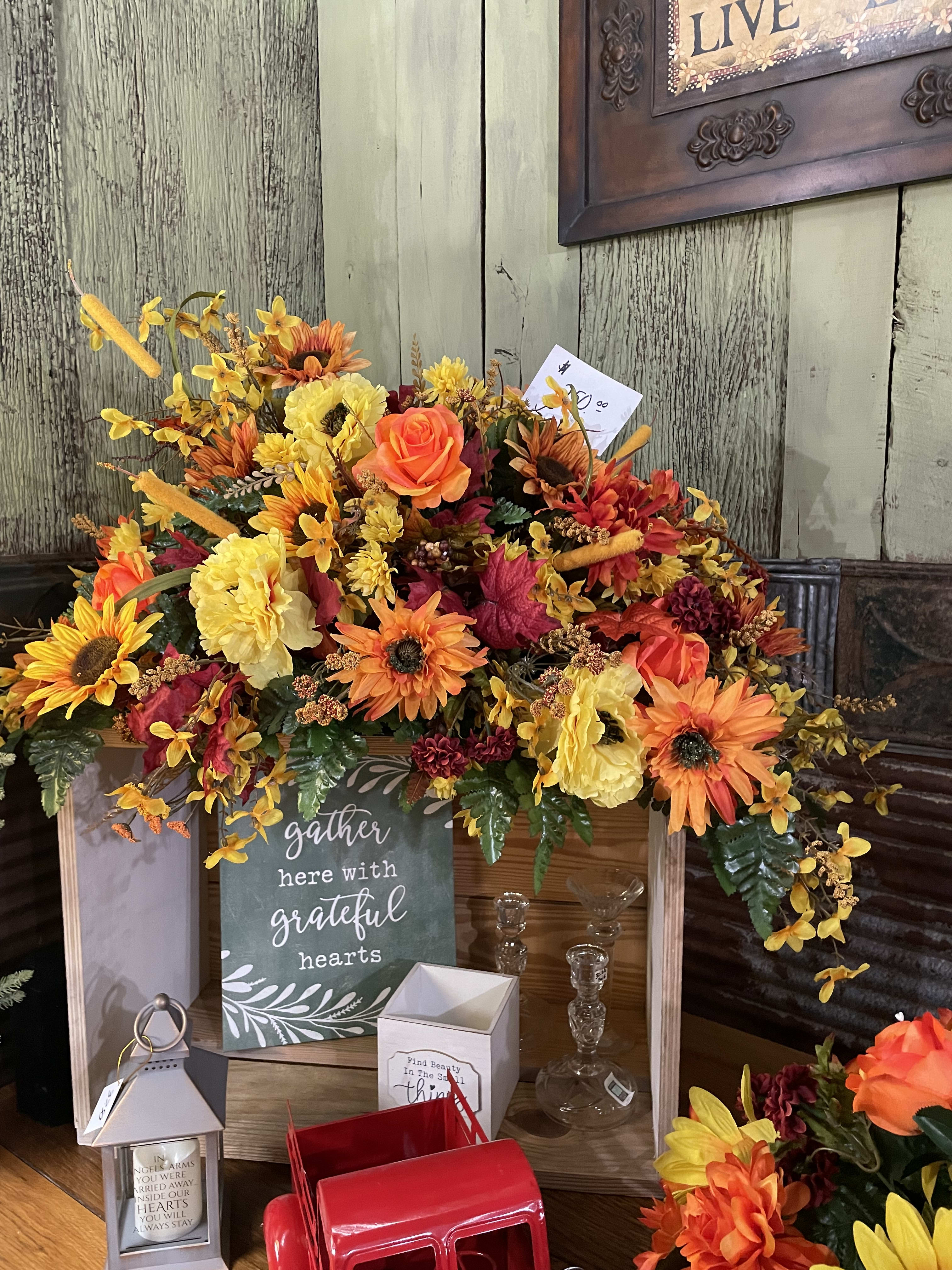 Fall Silk Sympathy CASKET  Spray - This is a 3/4 silk casket piece made to be placed on the casket. A sentiment of love, making a colorful statement to signify the colorful life and memories of a loved one.   This silk spray is filled with a mixture of various silk colorful florals