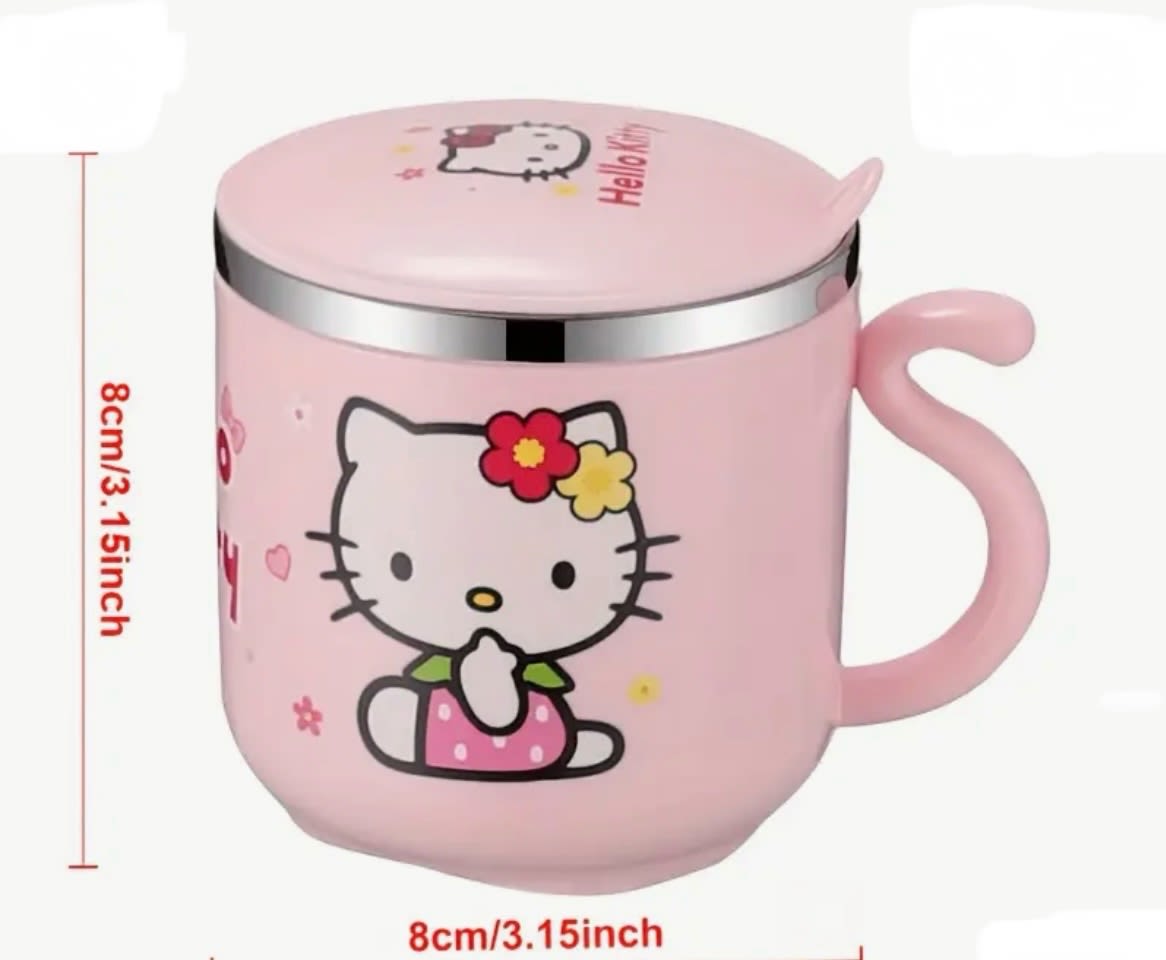 Pink Hello Kitty mug with a lid and handle