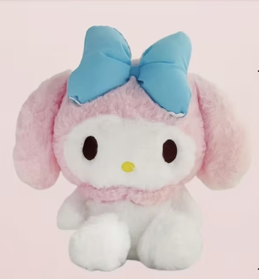 Pink plush bunny character with a blue bow