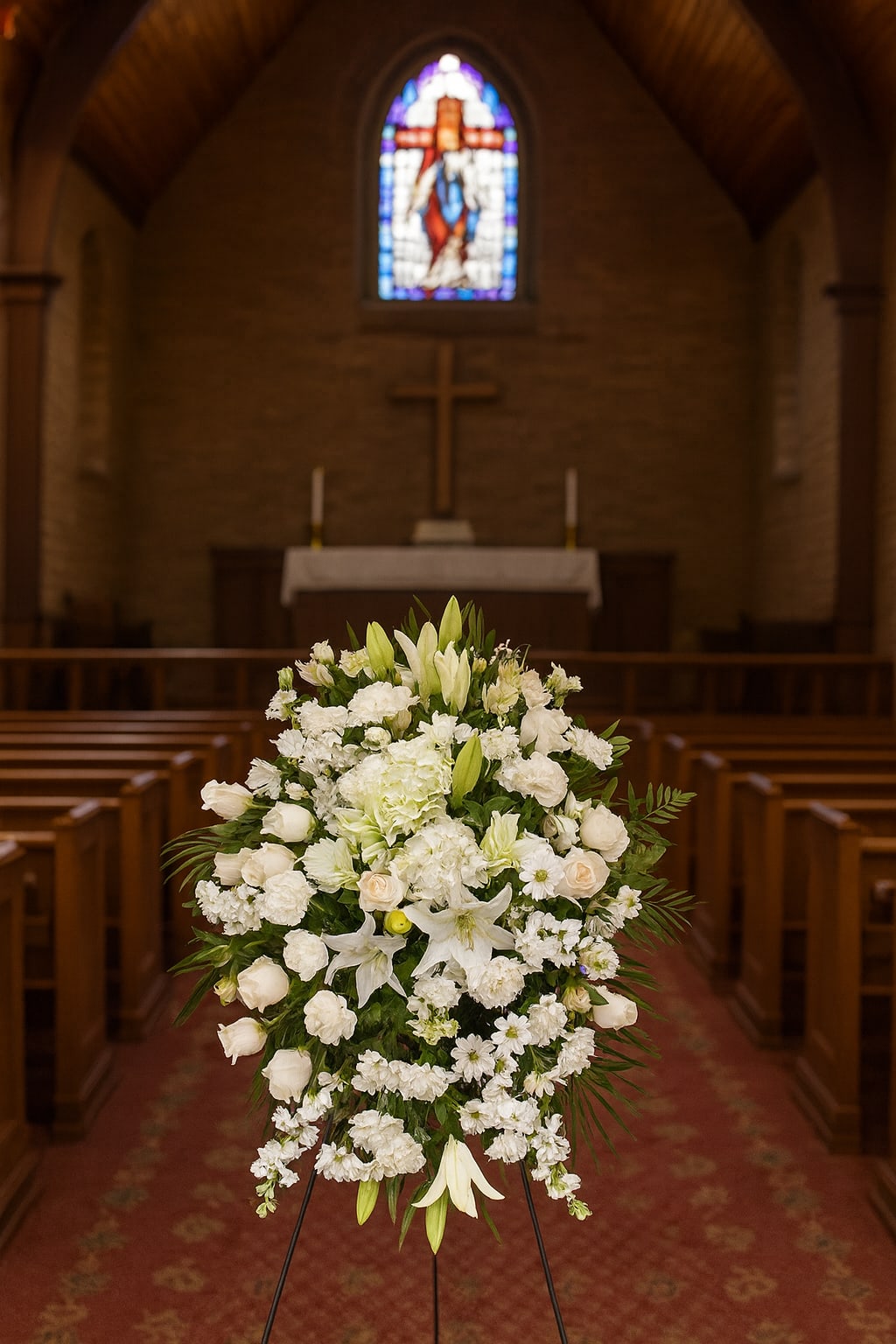 White funeral spray with lilies and roses on a stand in a church