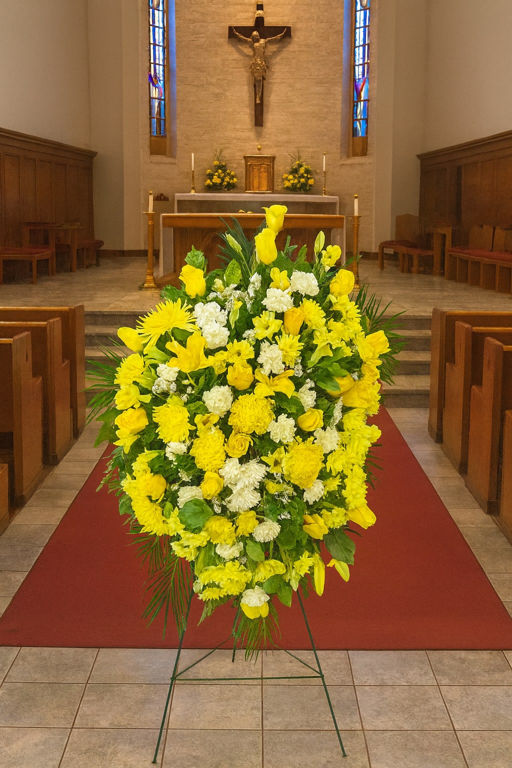 Large yellow and white funeral spray on a stand in a church aisle