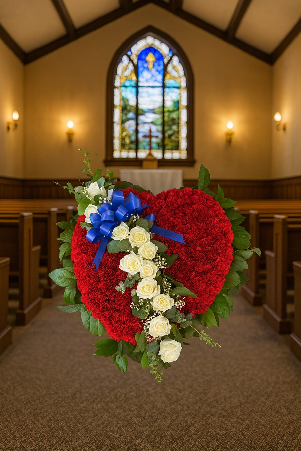 Heart-shaped red floral arrangement with white roses and a blue ribbon in a church