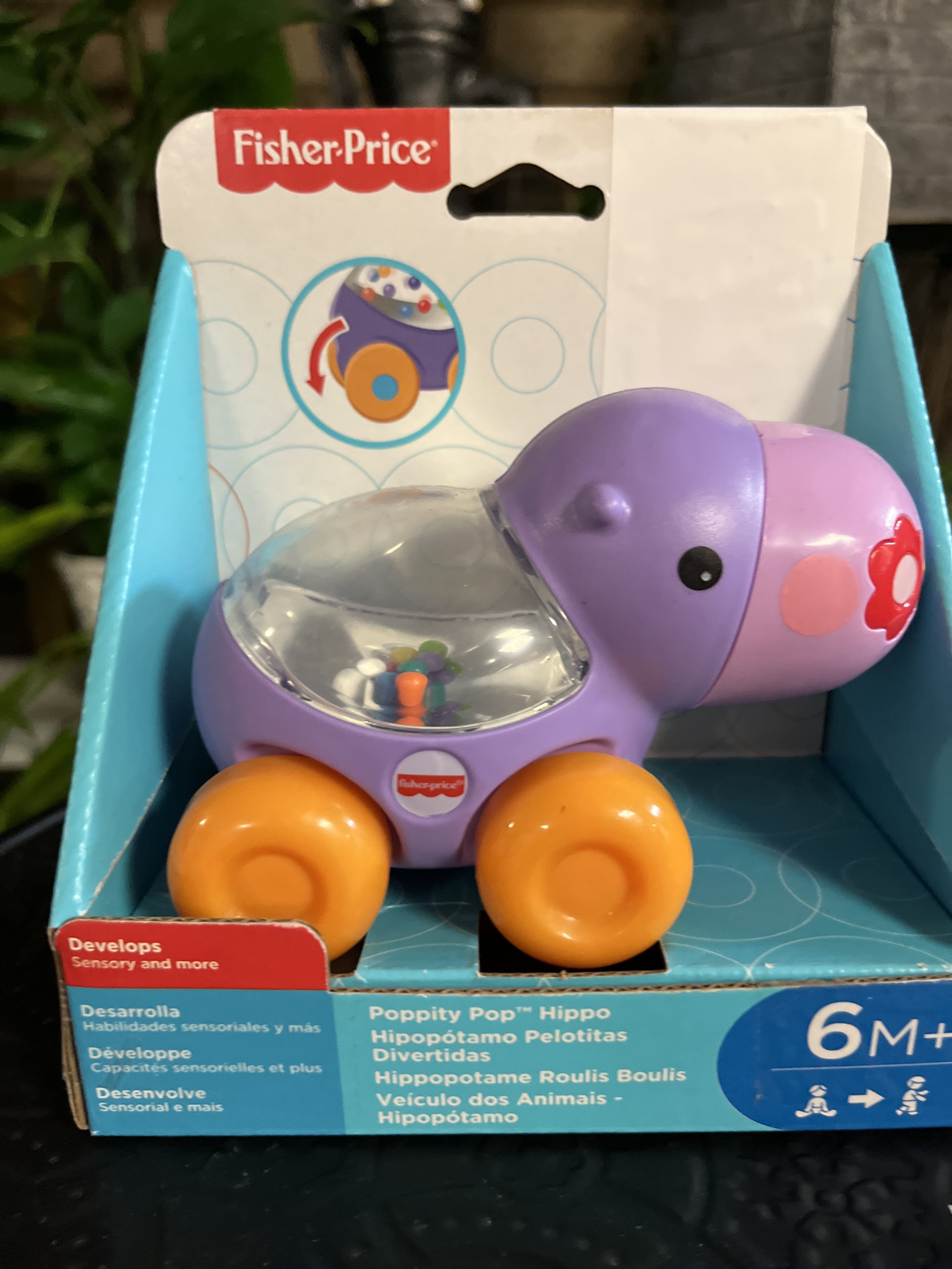 Packaged Fisher-Price hippo toy with orange wheels