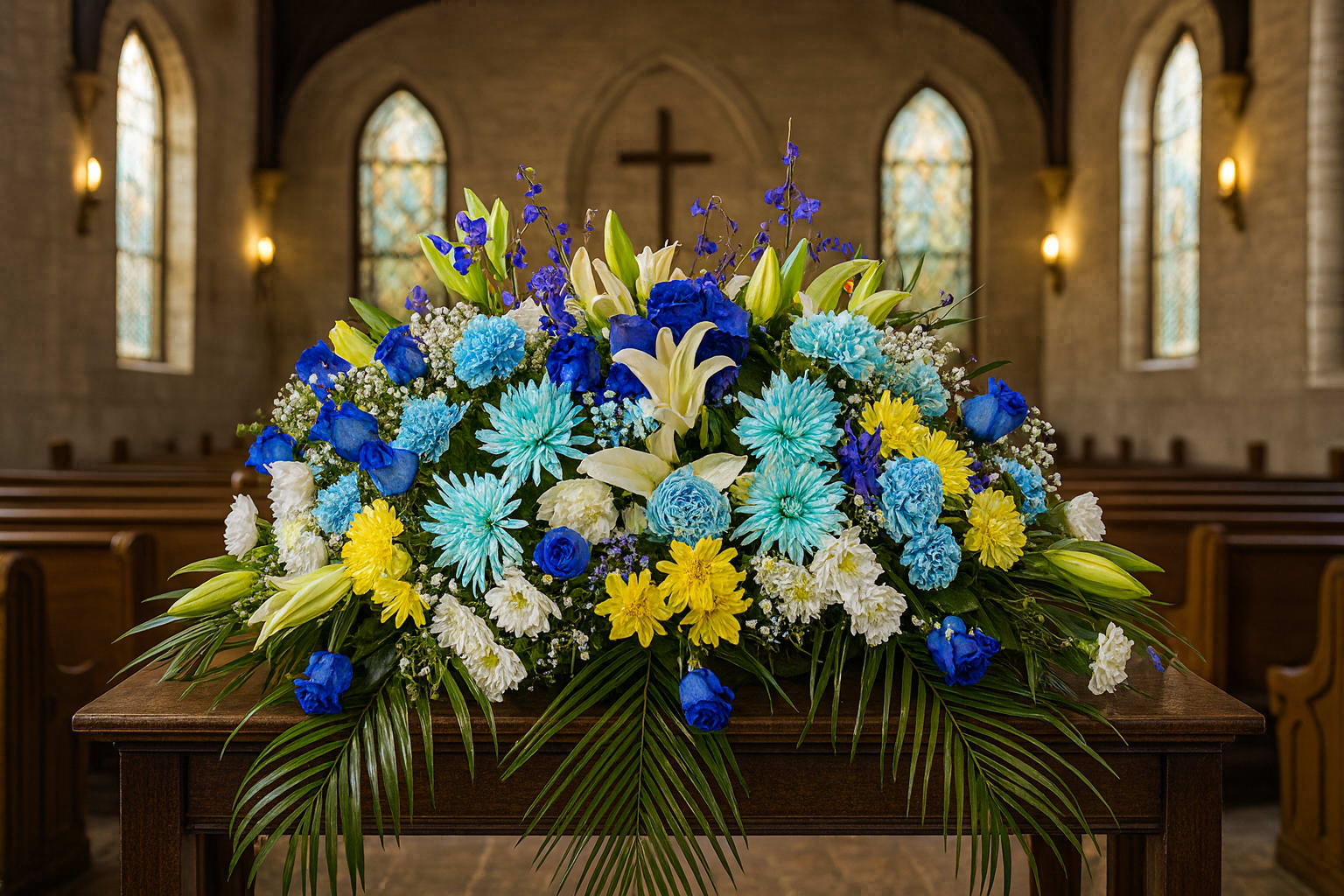 Large blue, white, and yellow floral arrangement on a casket in a church