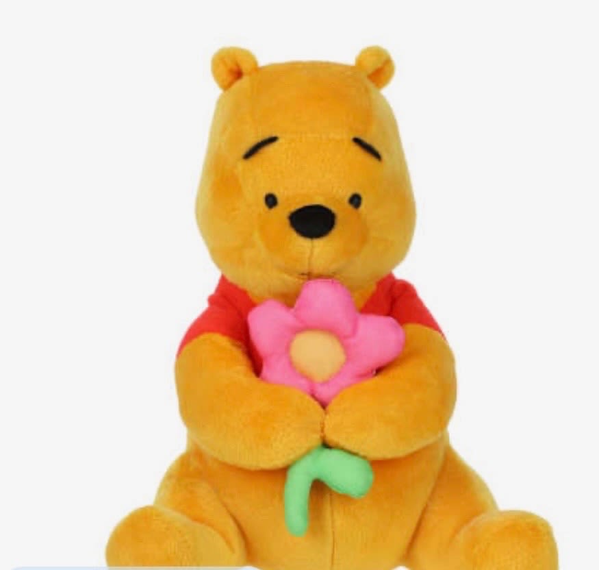 Plush Winnie the Pooh holding a pink flower