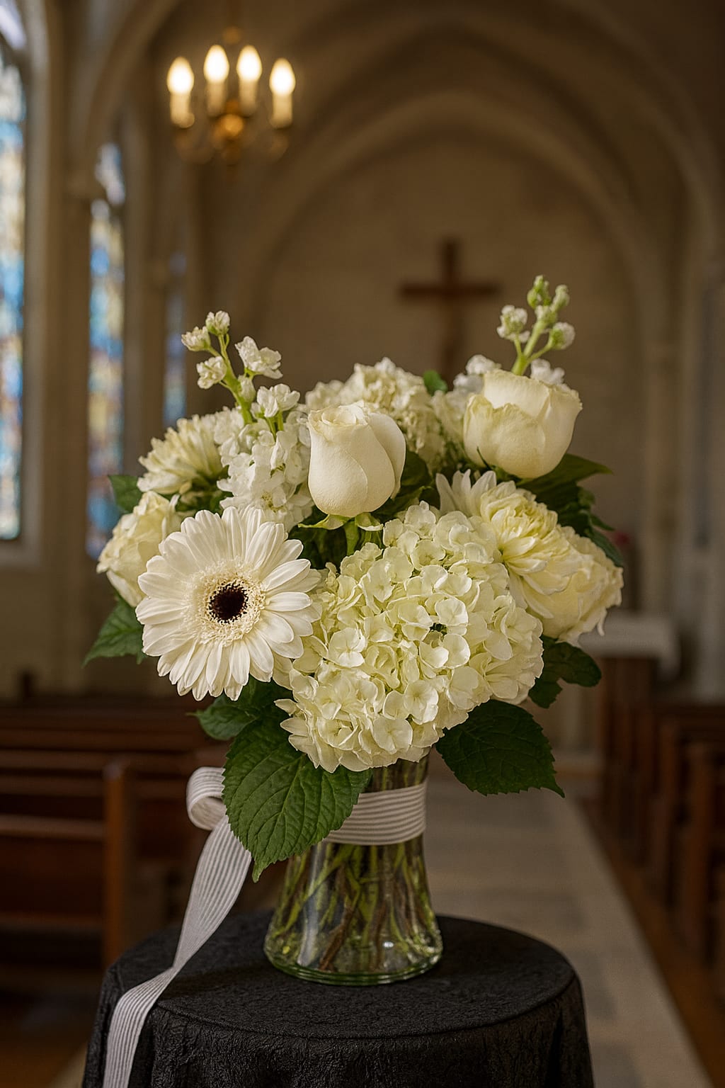 White floral arrangement in a glass vase with a ribbon