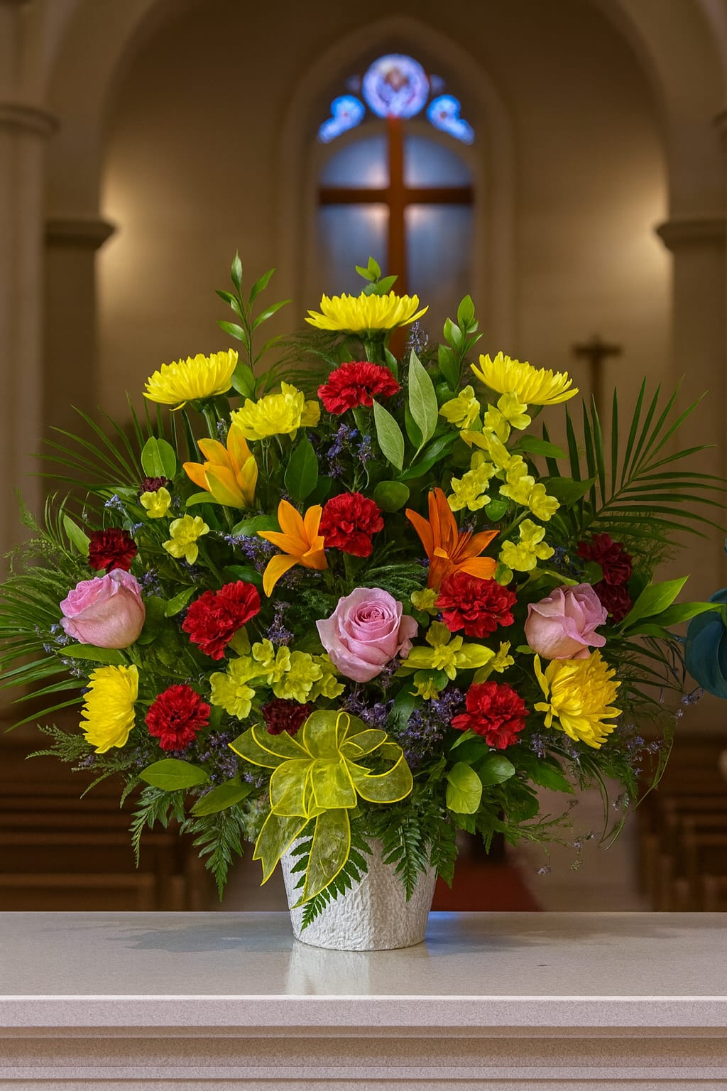 Colorful flower arrangement in a white vase