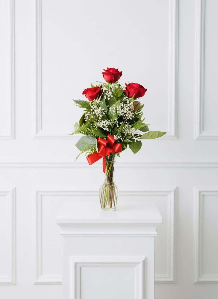 Red roses in a clear glass vase with a red ribbon