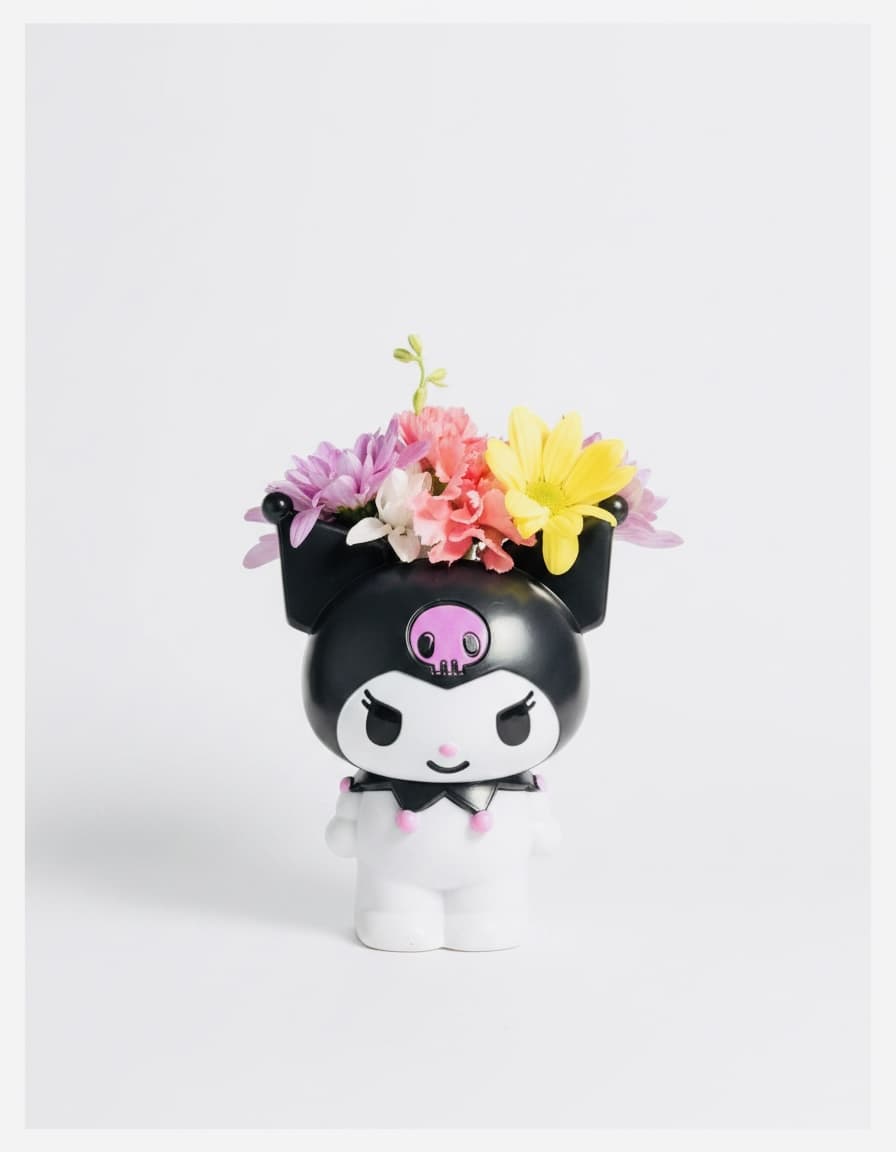 Small character figurine topped with colorful flowers