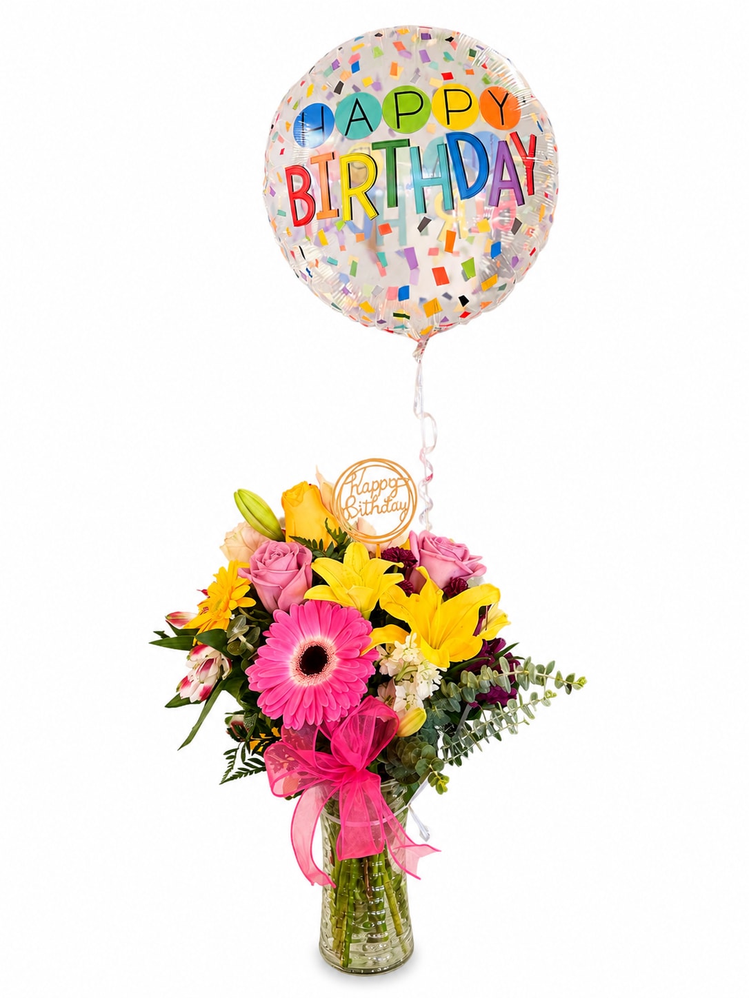 Birthday bouquet with a confetti balloon and pink ribbon in a glass vase