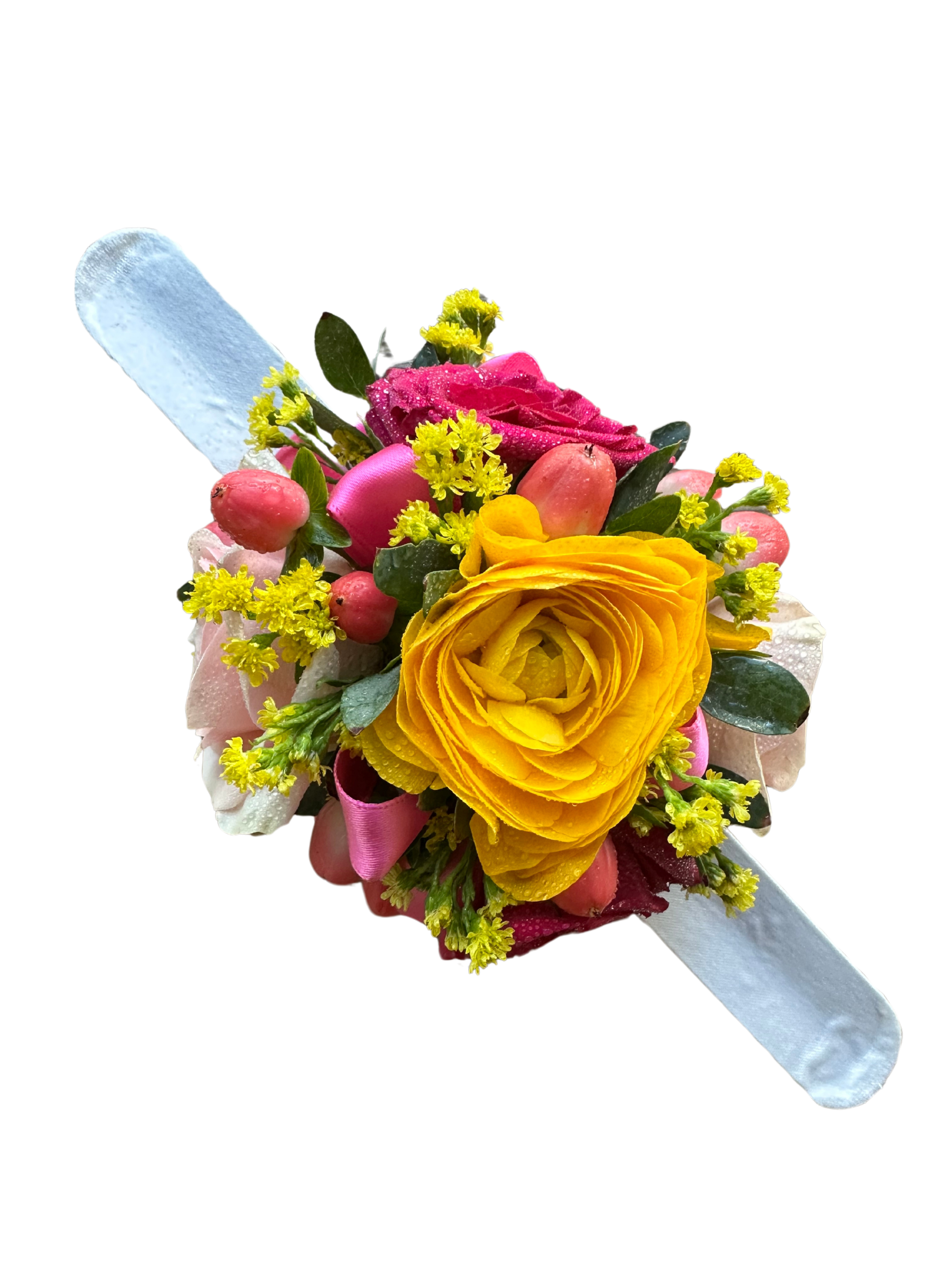 Bright mixed flower wrist corsage with yellow rose and pink accents
